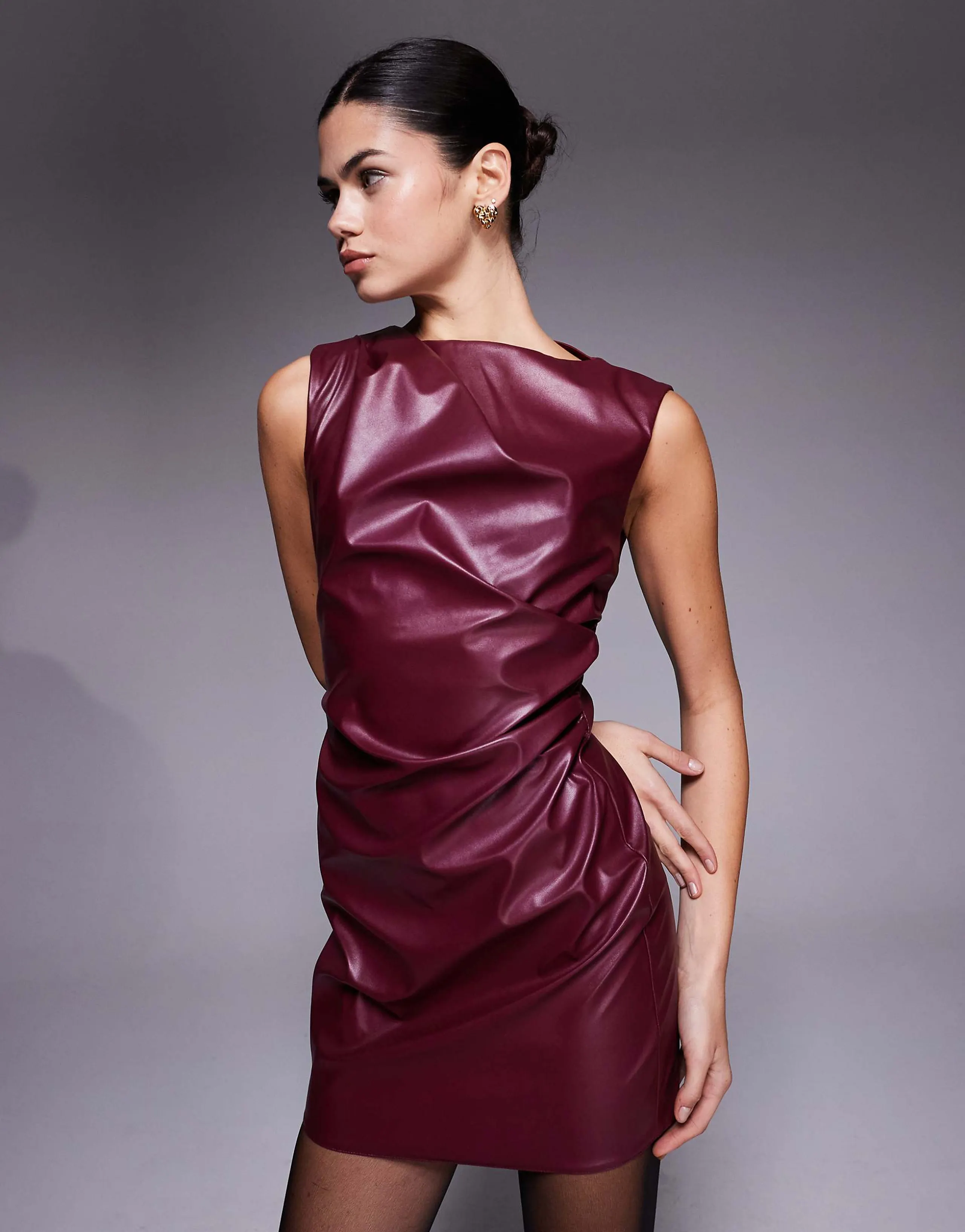 ASOS DESIGN sleeveless ruched leather look mini dress in wine