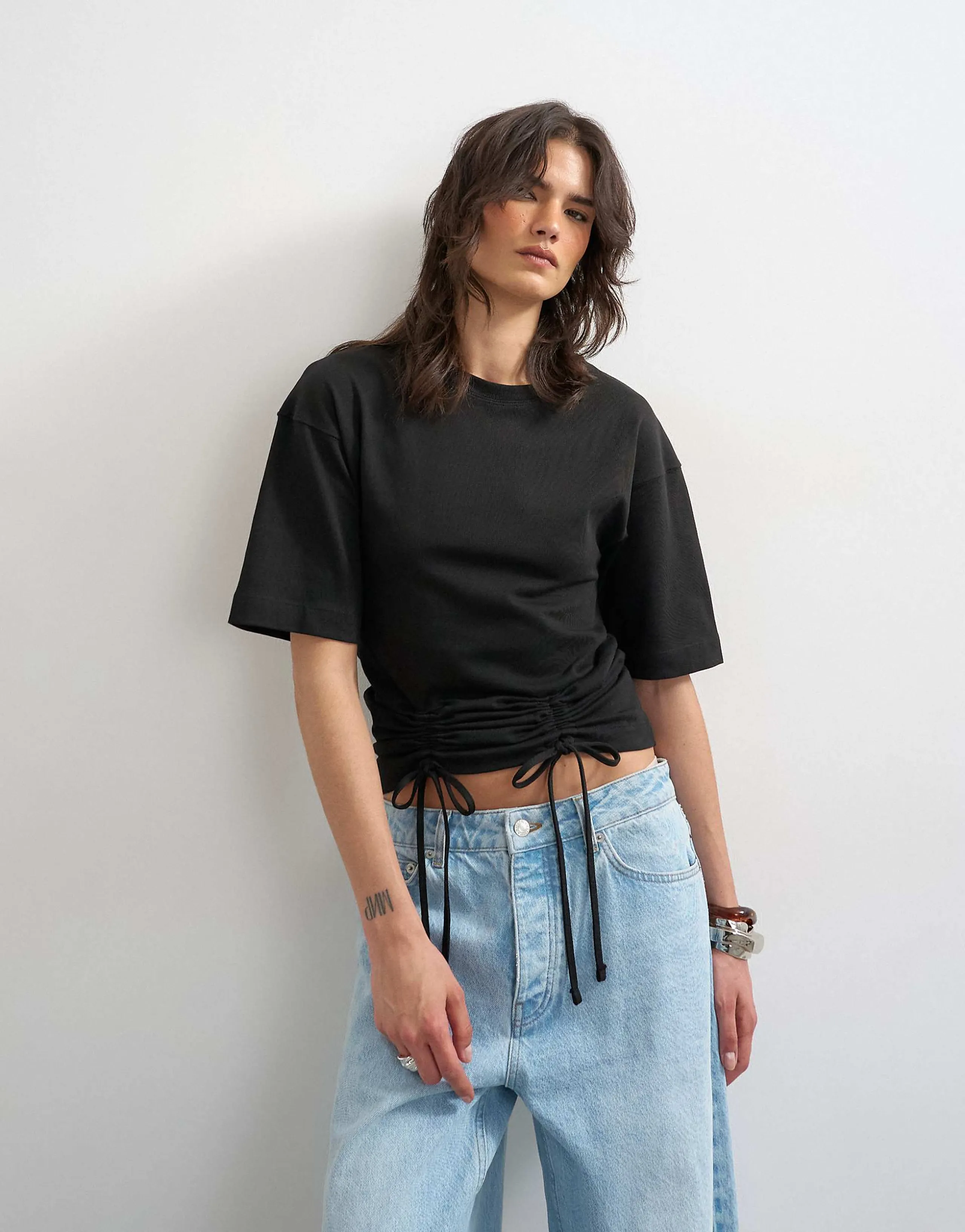 Topshop drawstring detail T-shirt in black
