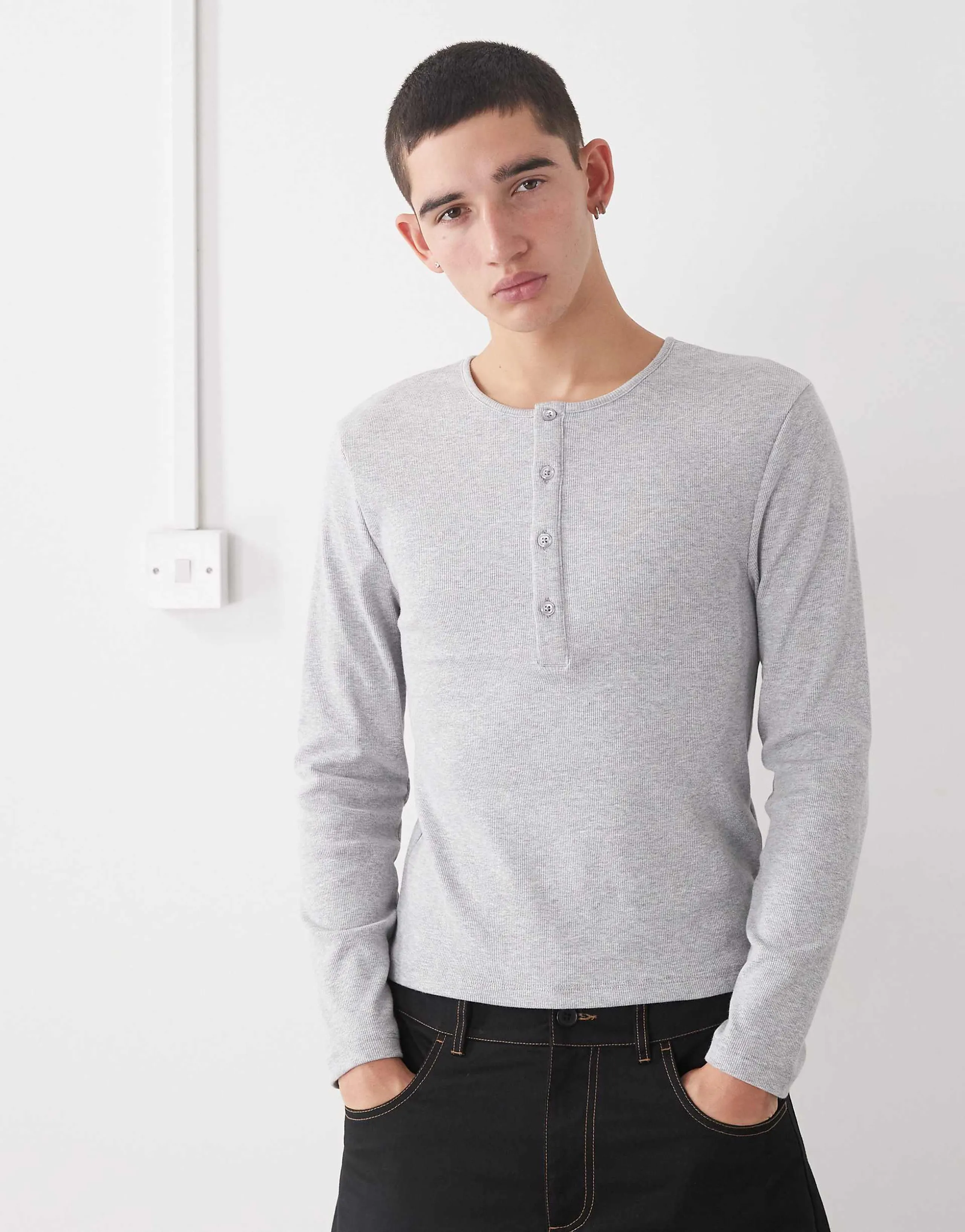 COLLUSION long sleeve ribbed Henley slim fit in gray heather