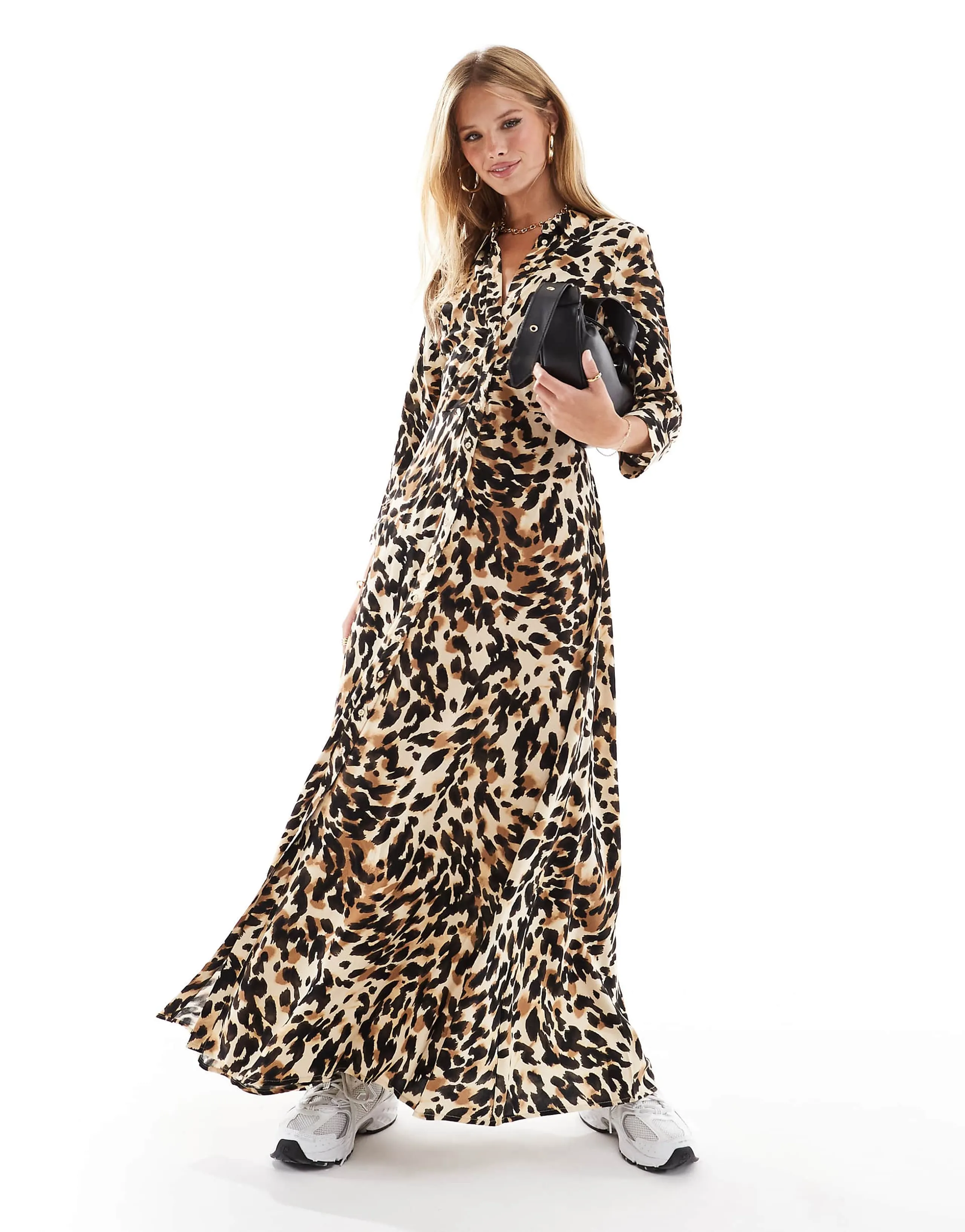 Y.A.S maxi shirt dress in black leopard print