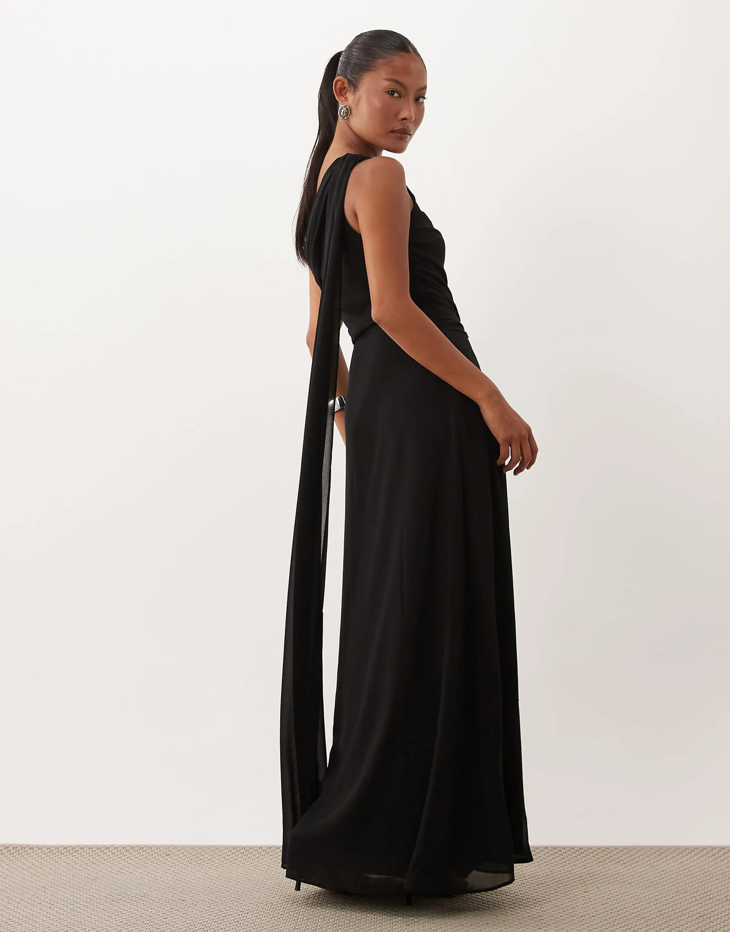 TFNC Petite chiffon one shoulder twisted waist draped maxi dress in black