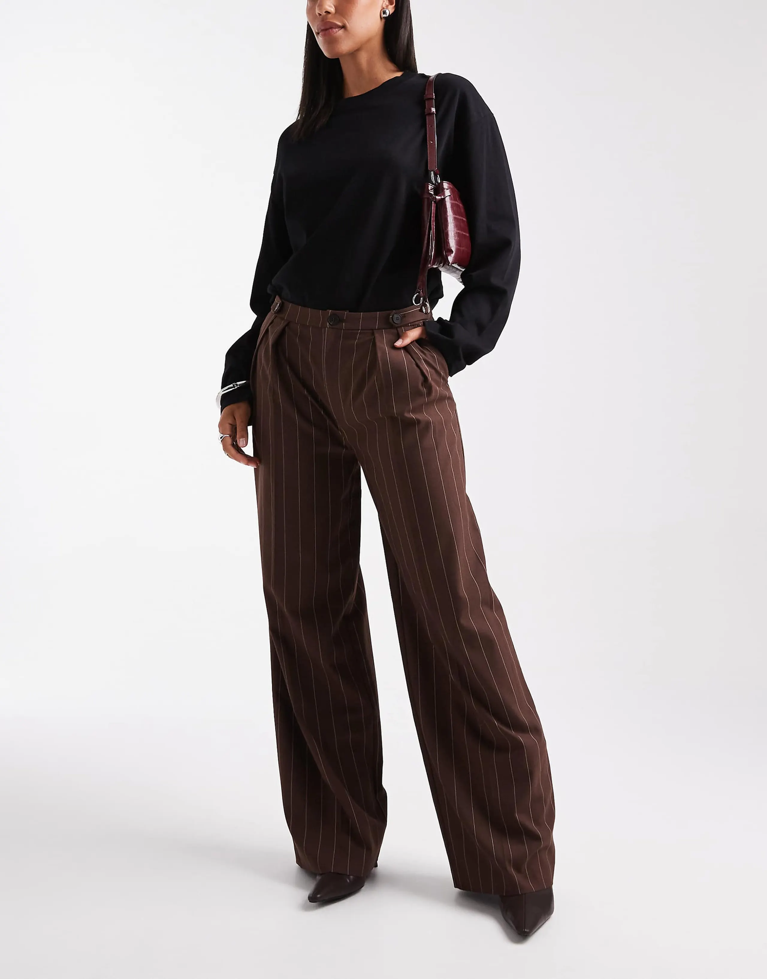 ASOS DESIGN tailored wide leg pants with tab detail in brown stripes