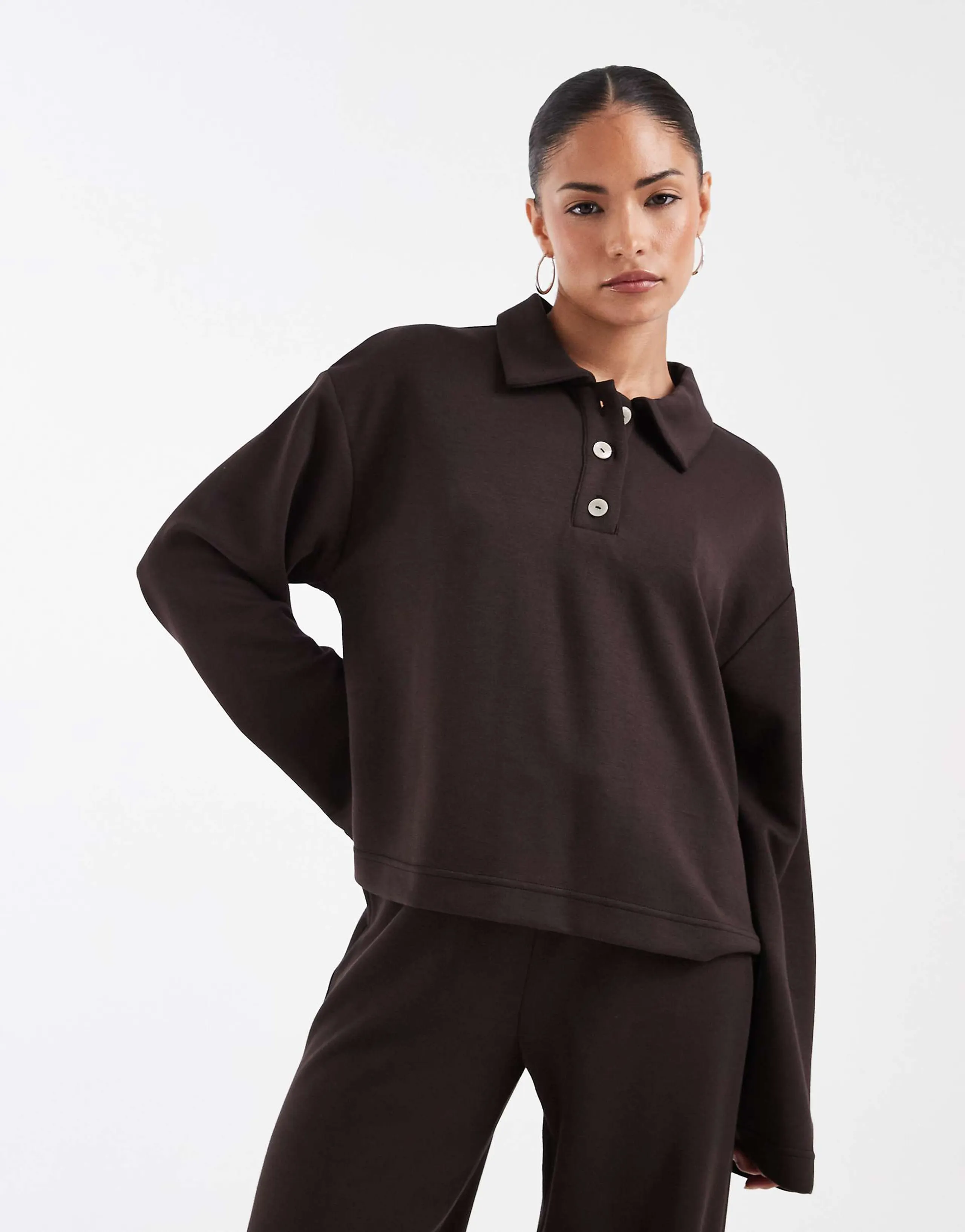 Vero Moda Petite super soft polo sweatshirt top in chocolate brown - part of a set