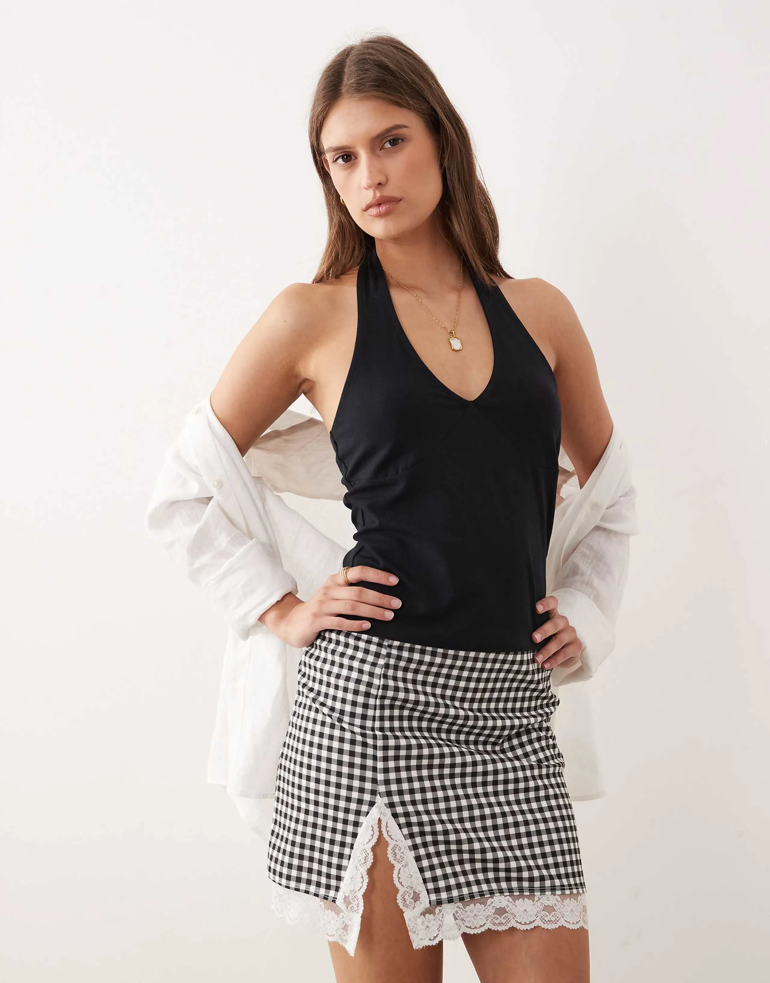 ASOS DESIGN mini skirt with lace in gingham print