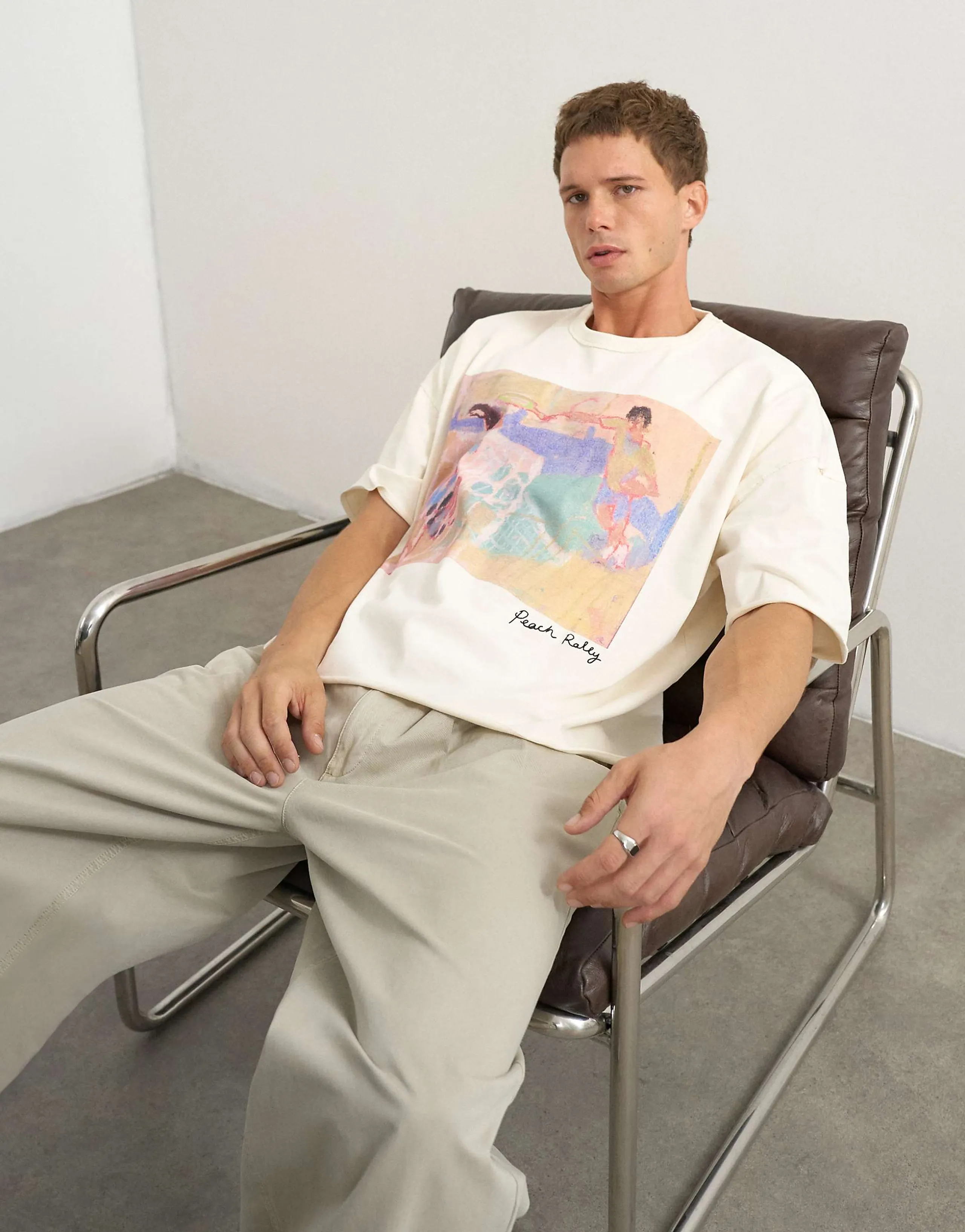 Topman x Akilah boxy fit crop abstract scenic graphic T-shirt with embroidery in ecru
