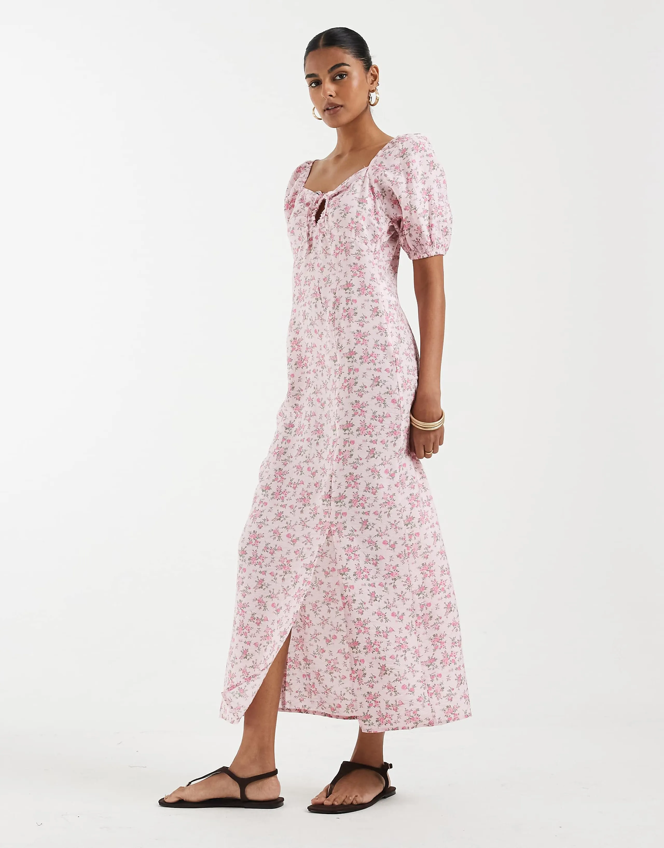 Vero Moda puff sleeve tie front detail midaxi dress in pink floral print