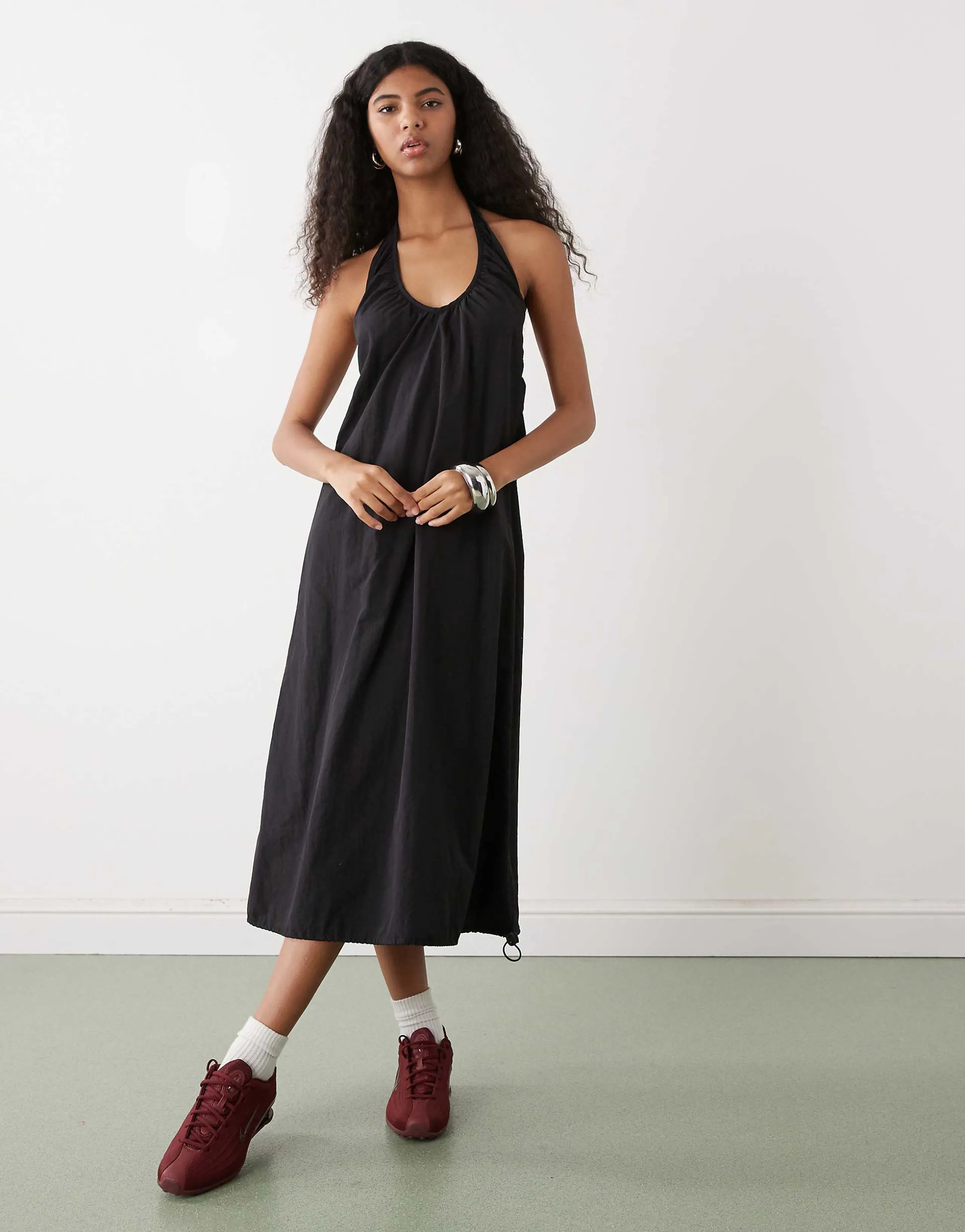 COLLUSION nylon ruched volume halter midi dress in black