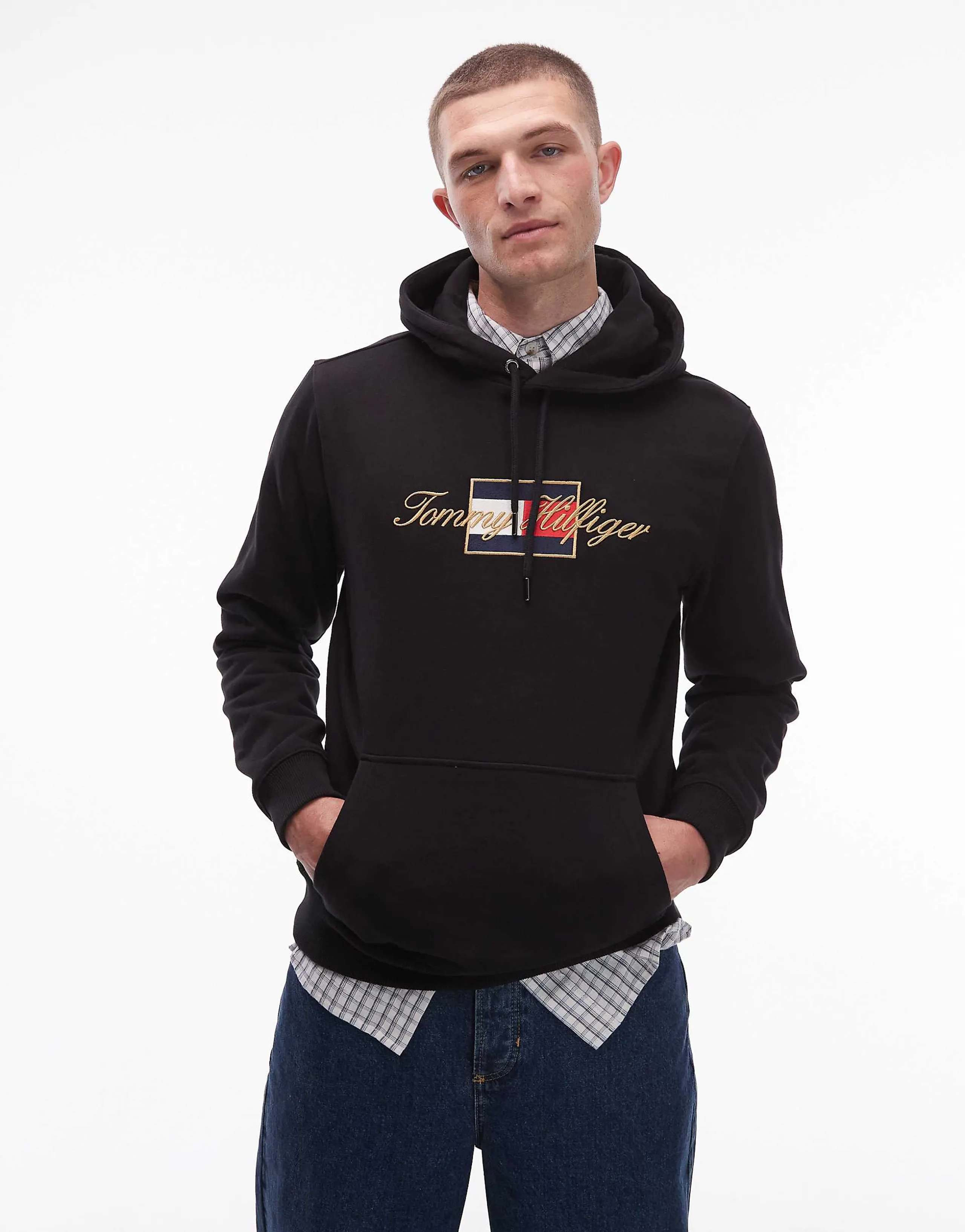 Tommy Hilfiger flag logo graphic hoodie in black with gold detail