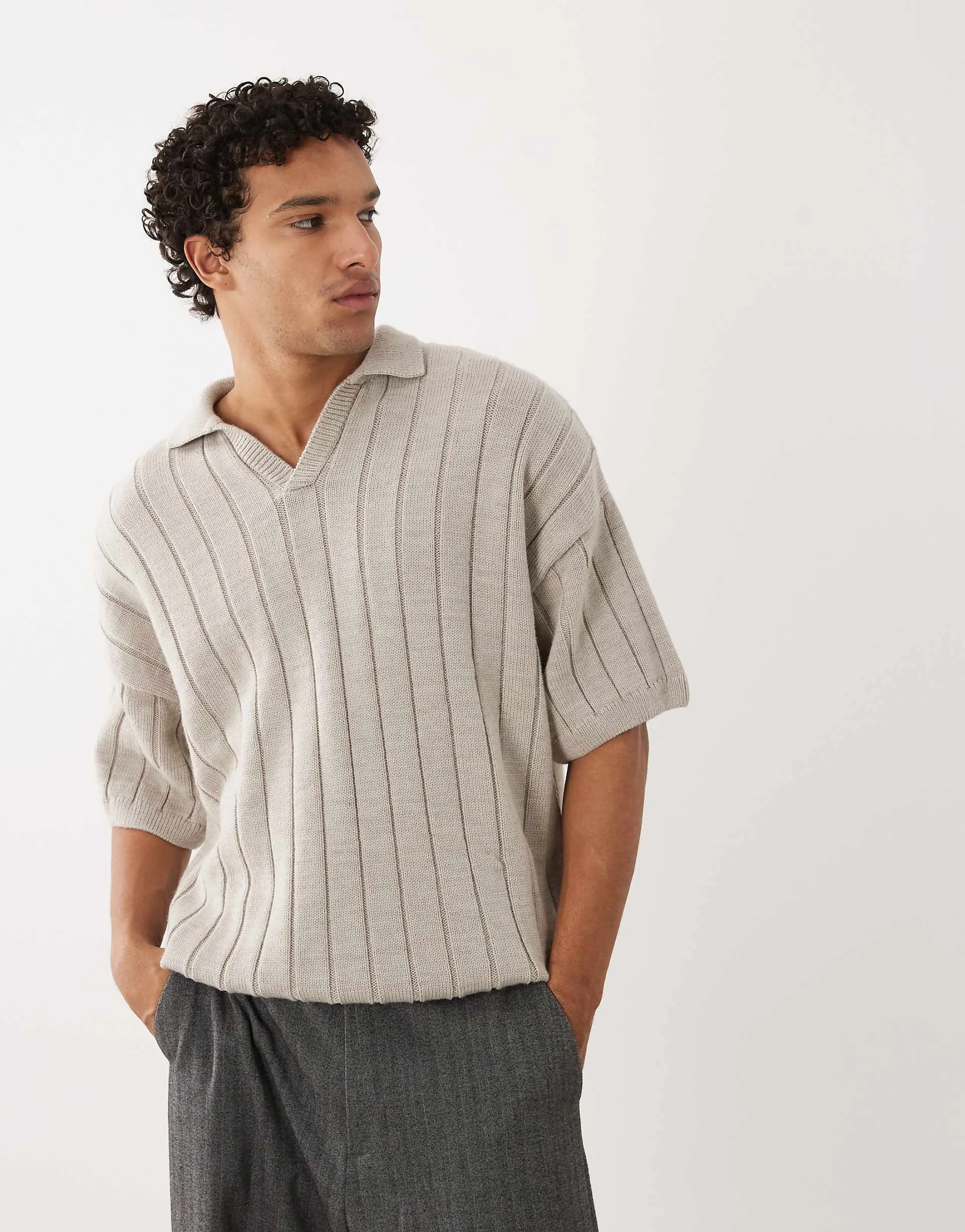 ASOS DESIGN oversized rib knit short sleeve notch neck polo shirt in stone