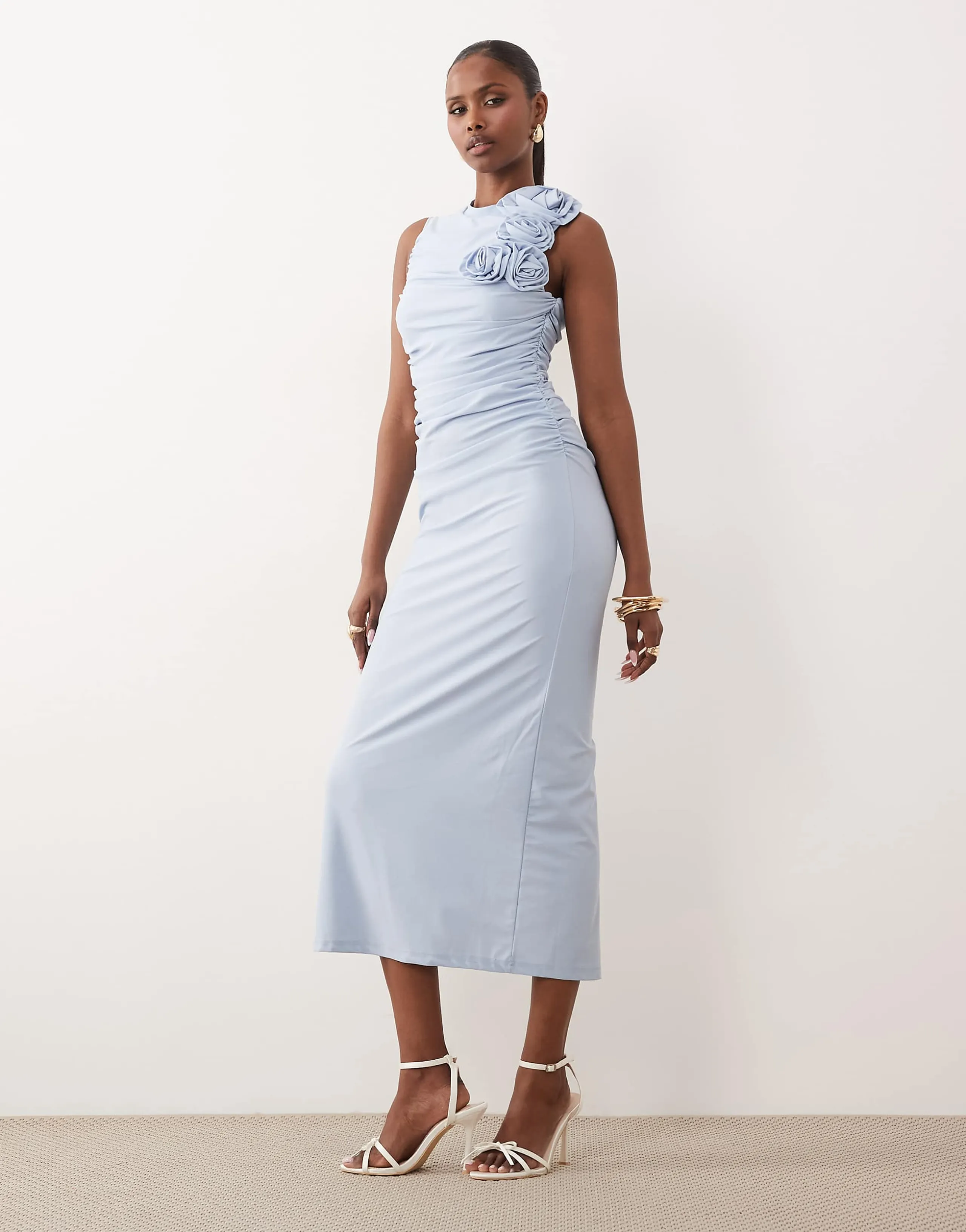 YAS slinky ruched maxi dress with rosette in pale blue