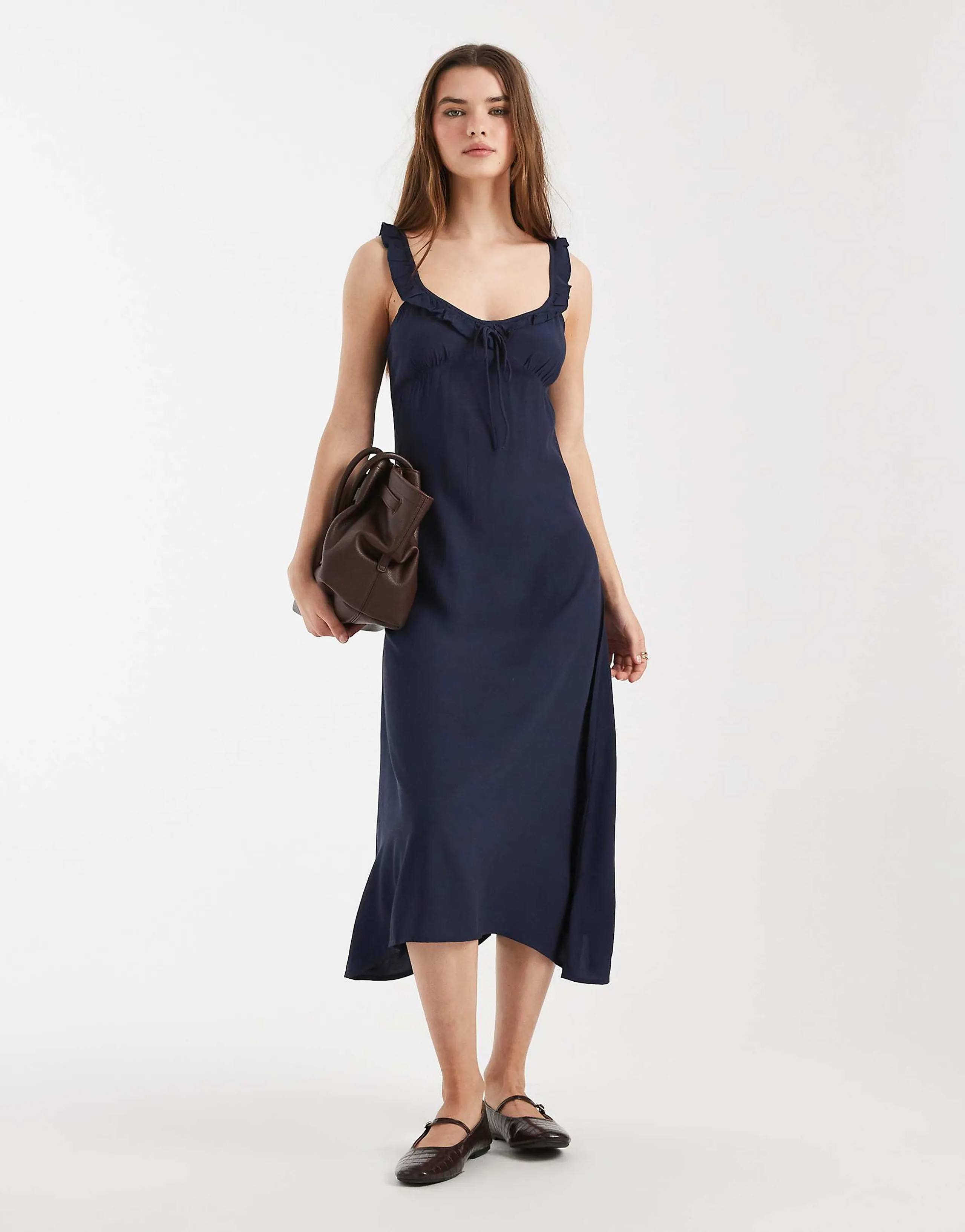 Cotton On layla frill trim midi dress in winter night navy blue