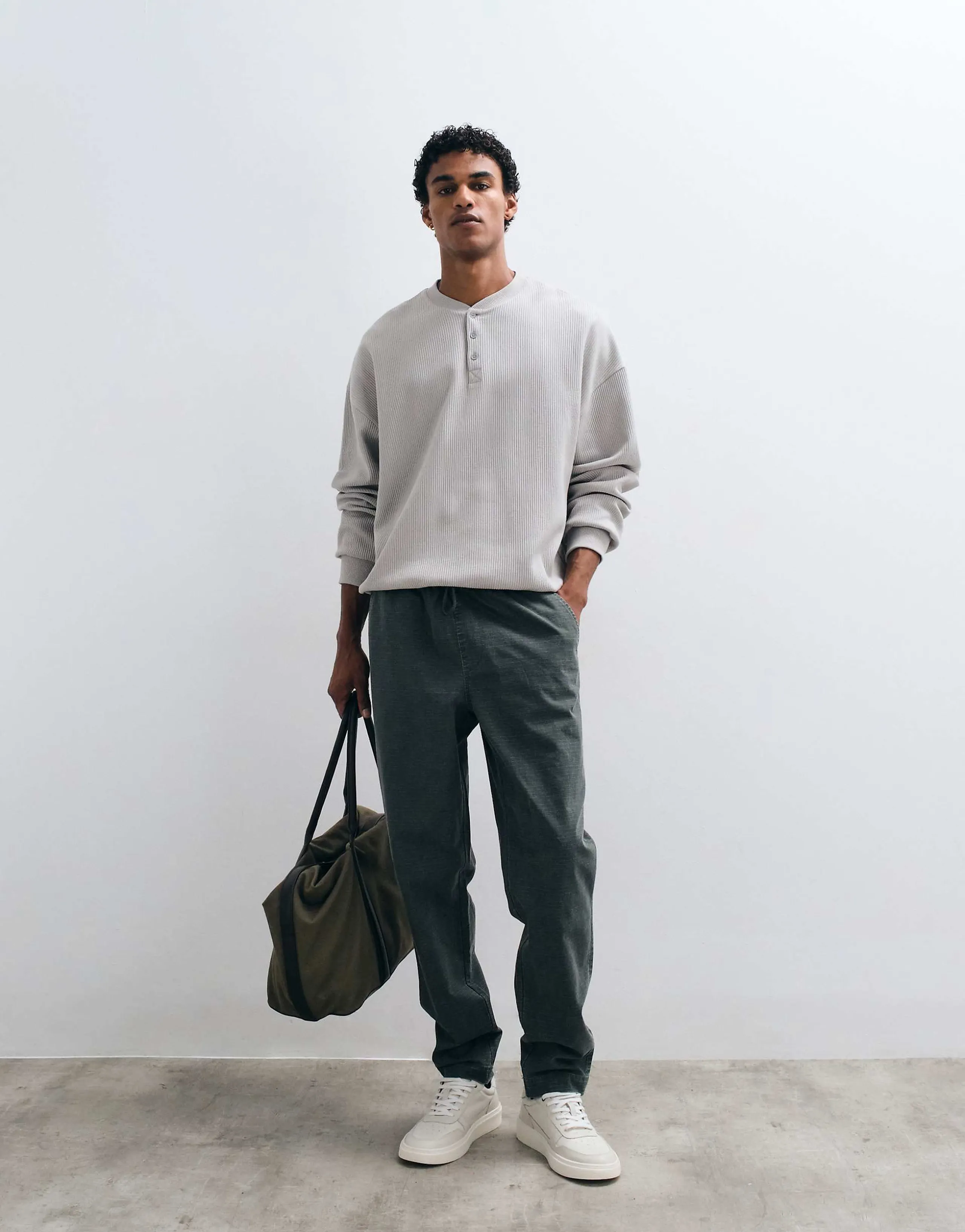 ASOS DESIGN tapered elasticized pants with drawstring in charcoal ripstop