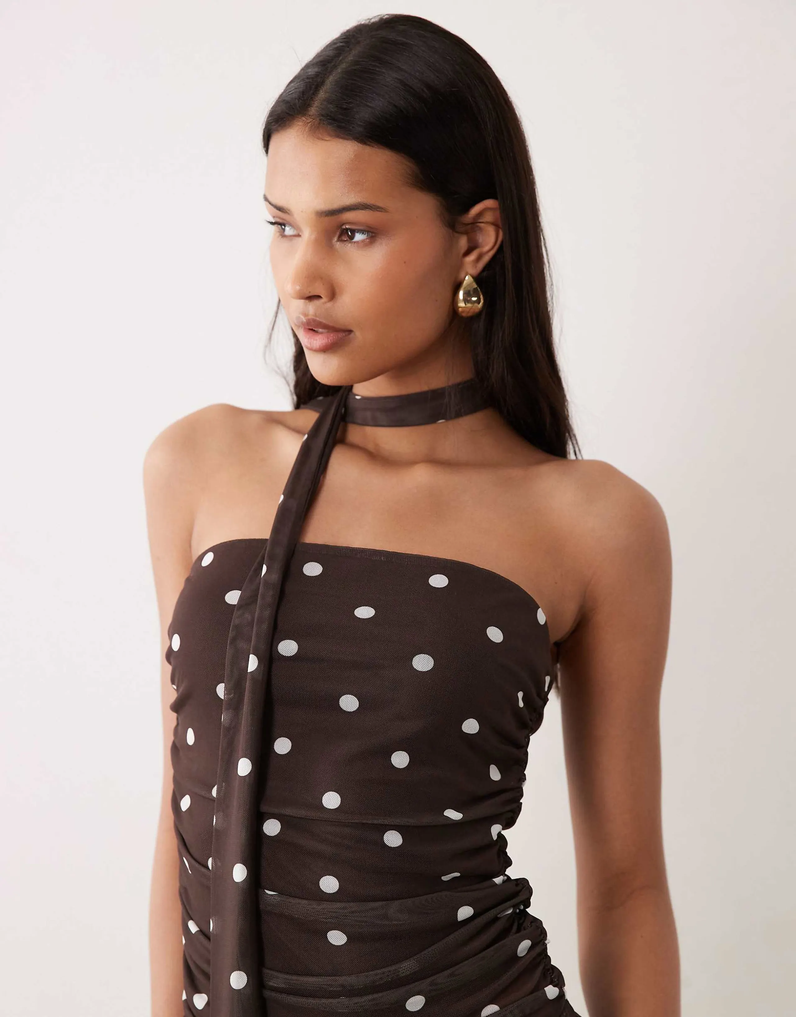 JDY bandeau top with scarf detail in brown polka dots