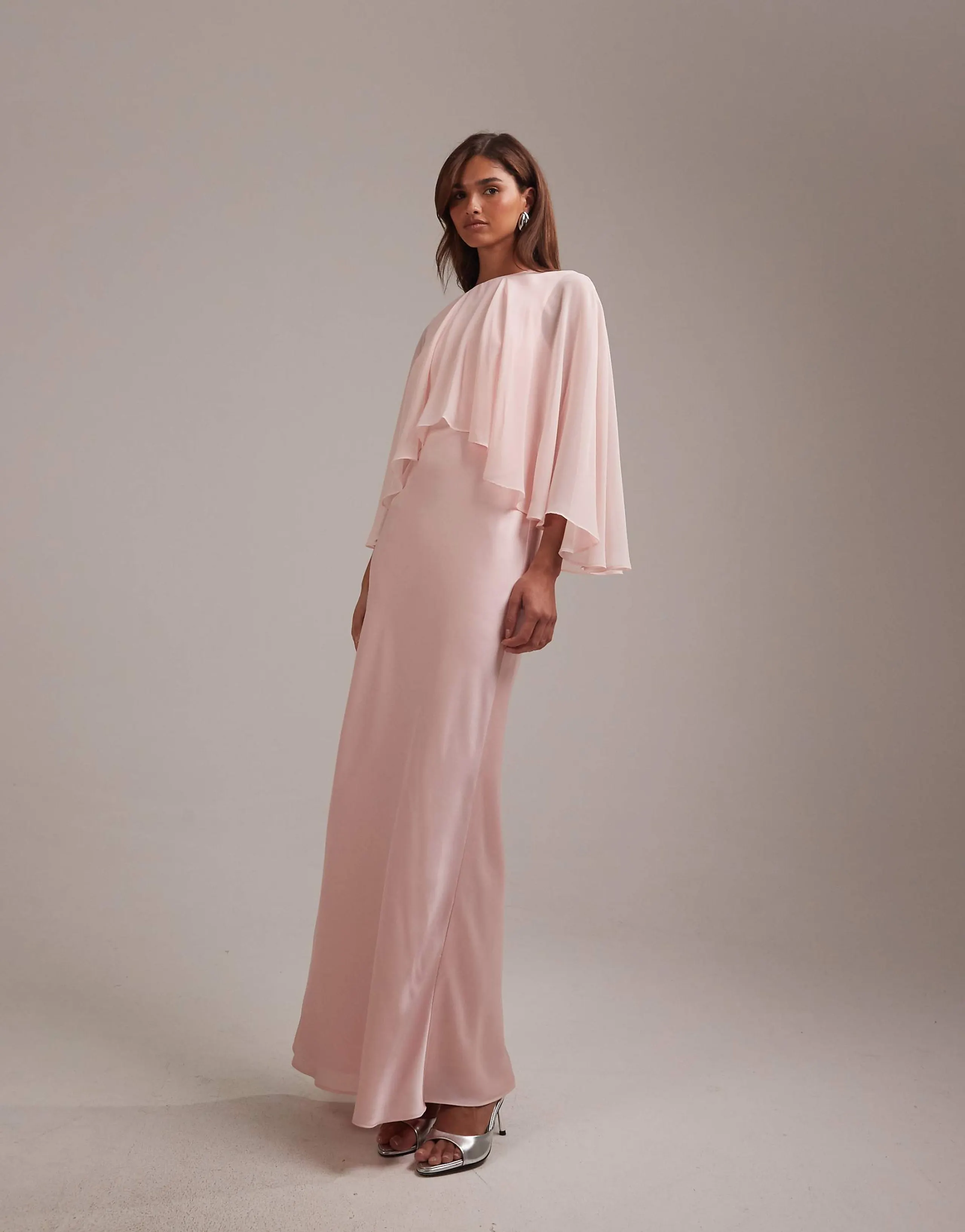 ASOS DESIGN Bridesmaids sheer chiffon cape overlay bias cut satin dress in pink