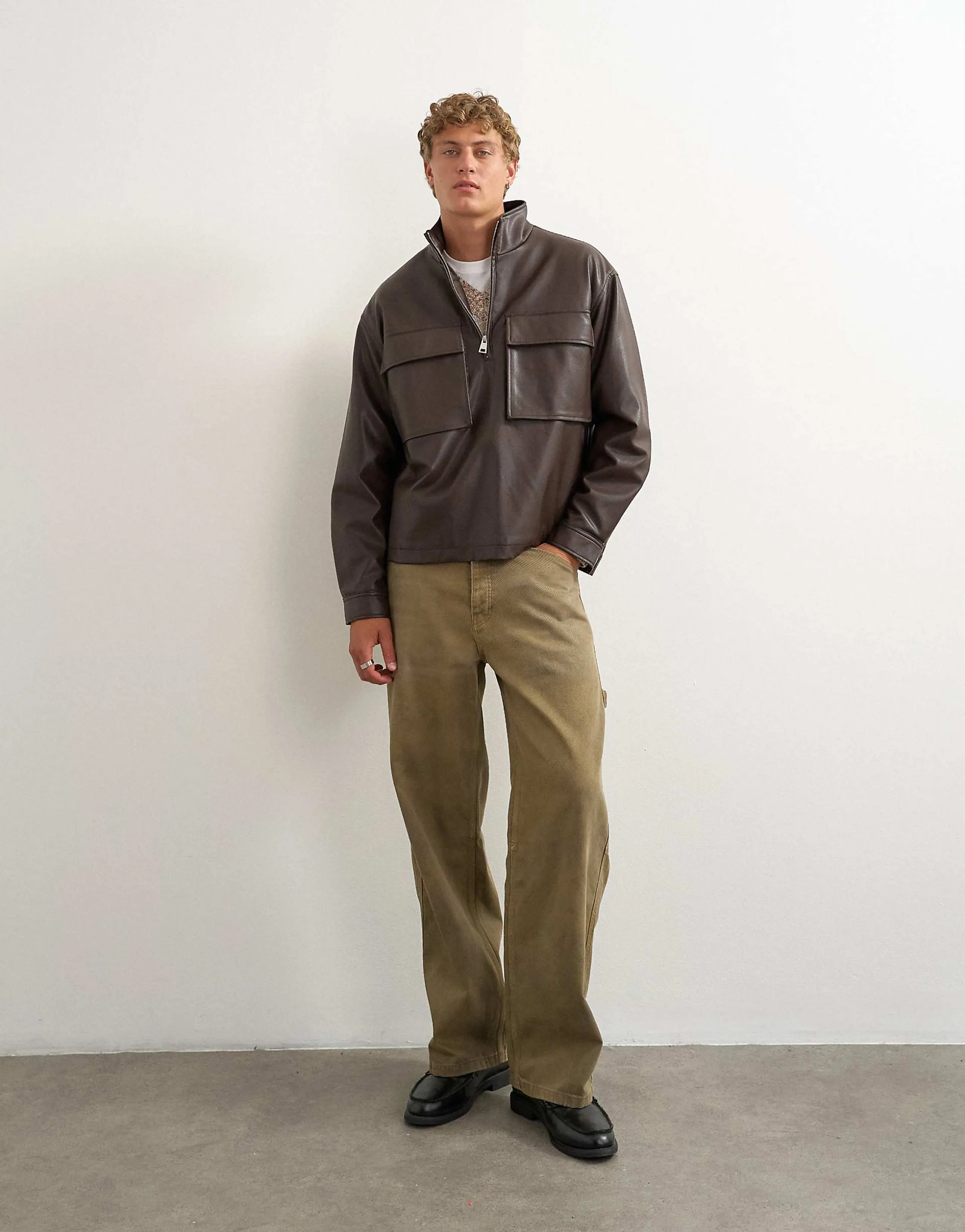 Topman oversized fit faux leather 1/4 zip funnel neck jacket in brown