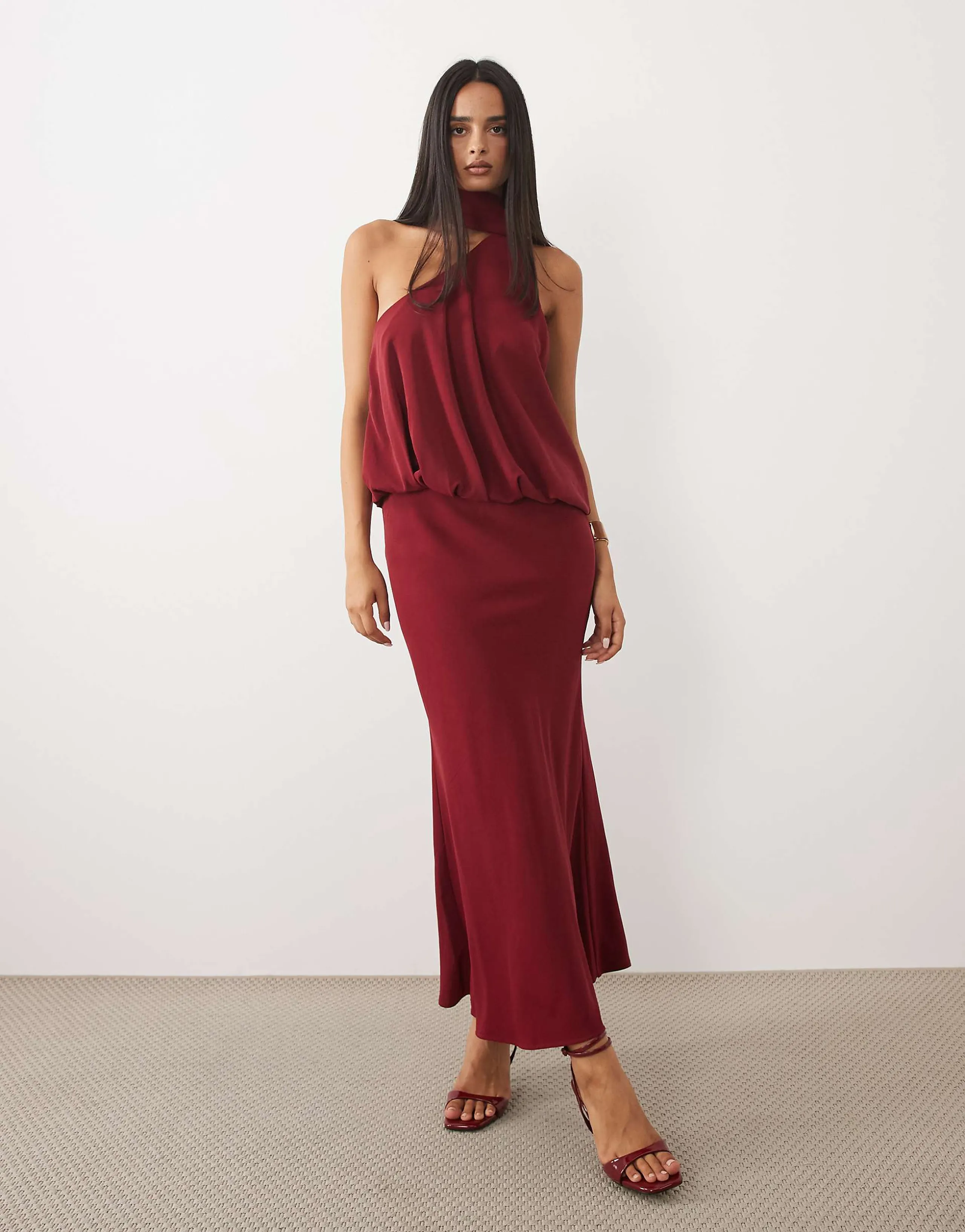 ASOS DESIGN one shoulder maxi dress with tie neck in burgundy
