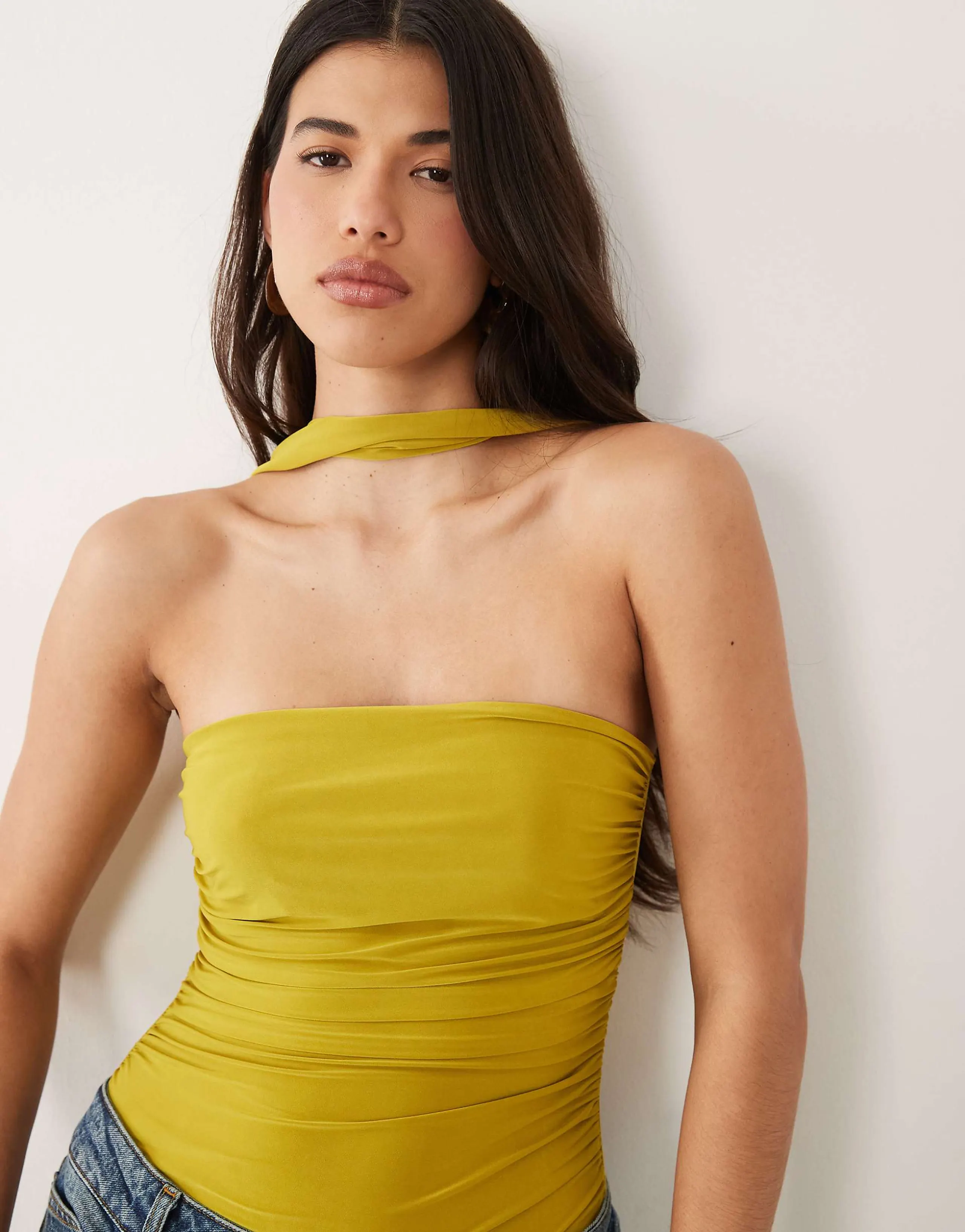 ASOS DESIGN slinky scarf look bandeau bodysuit in olive green