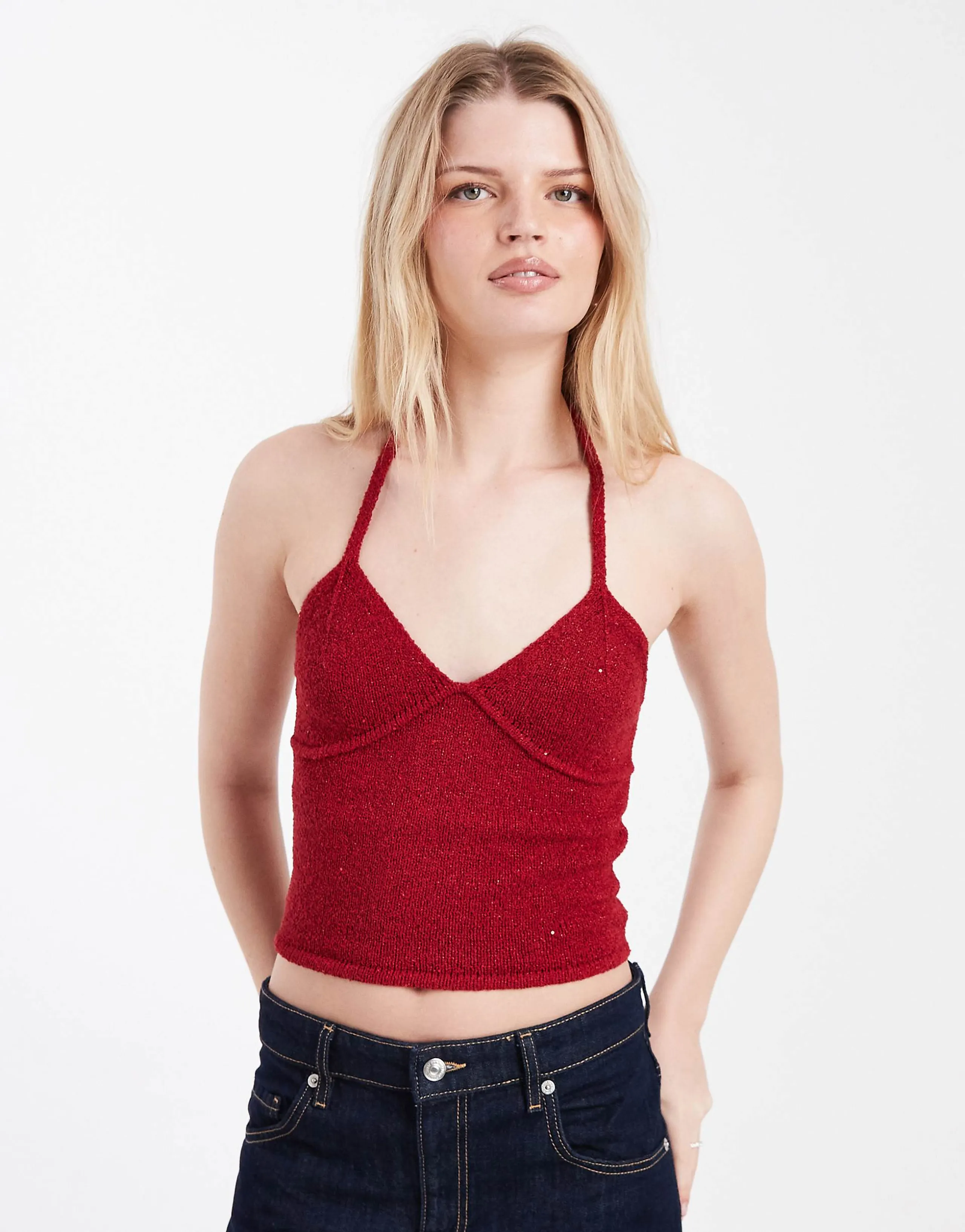 Cotton On sparkle knit halter neck top in jewel red