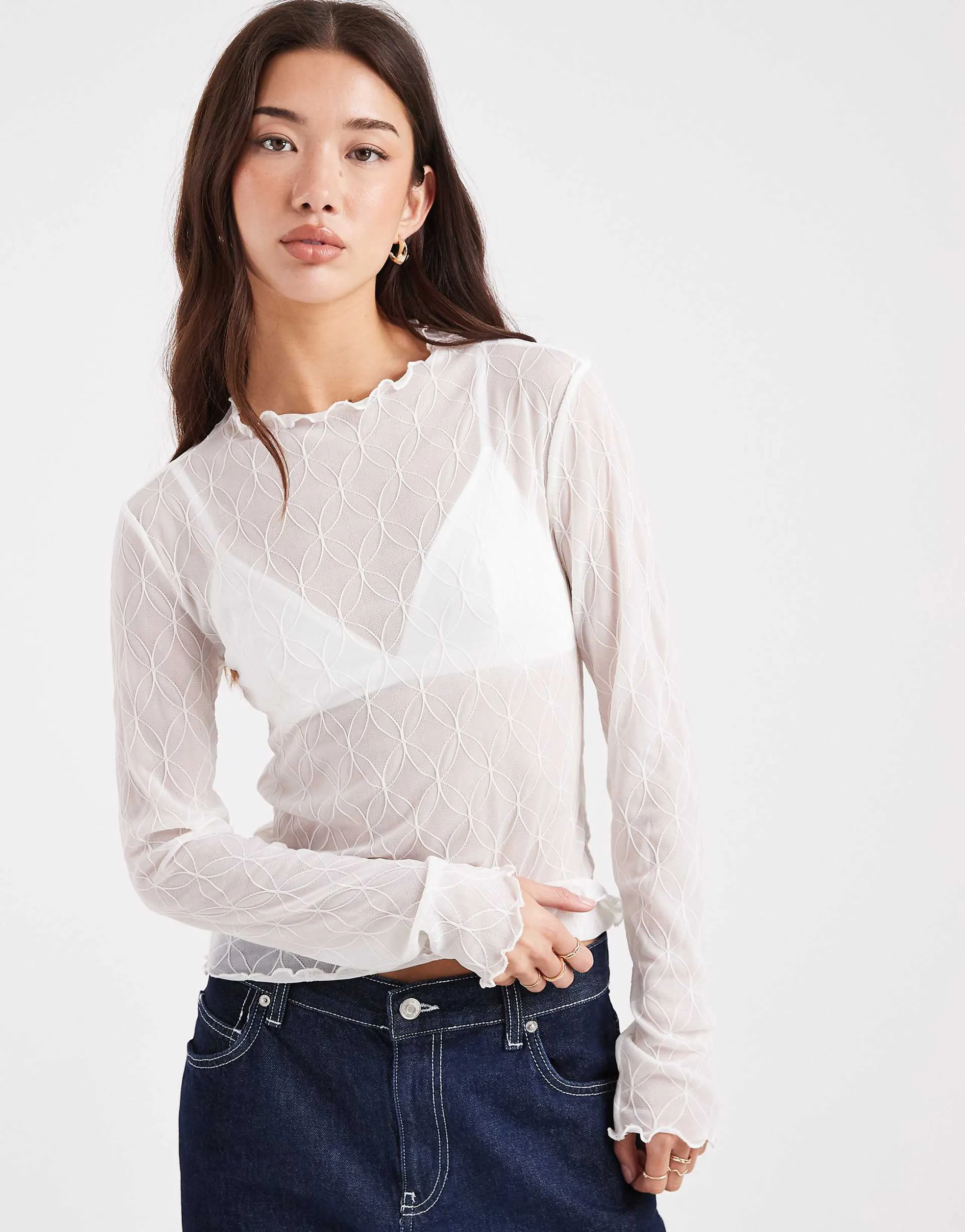 Pieces long sleeve high neck textured top in white