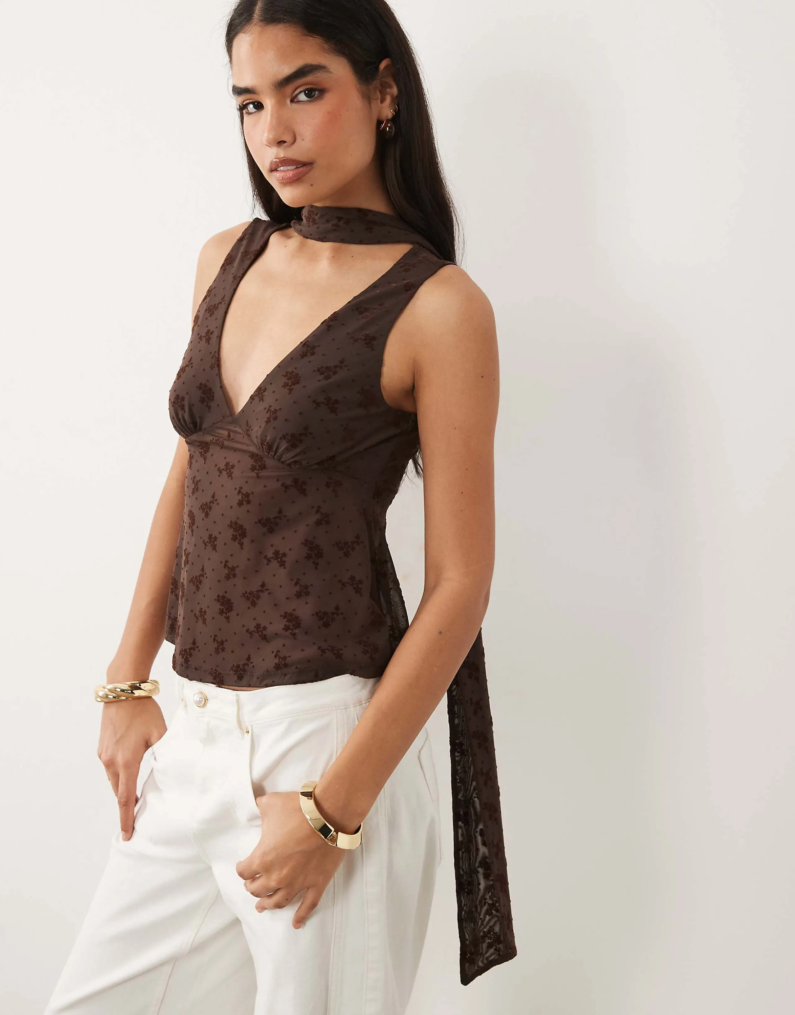 ASOS DESIGN flocked polka dots cami top with scarf detail in chocolate