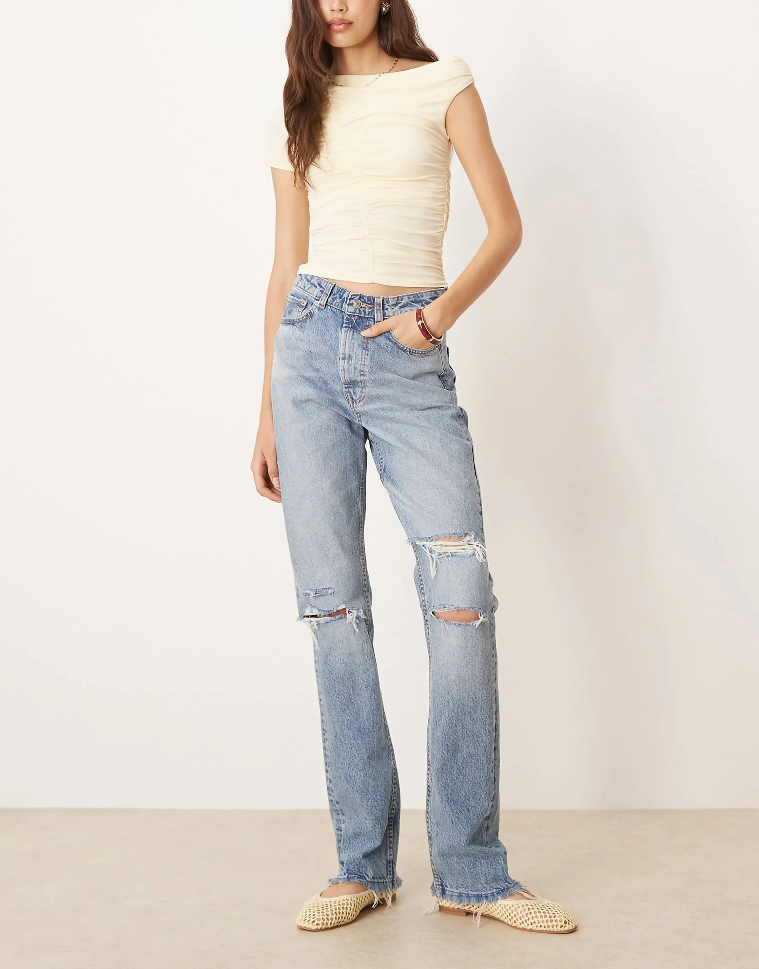 ASOS DESIGN Tall mid rise straight jeans in lightwash with rips Circular Design Collection