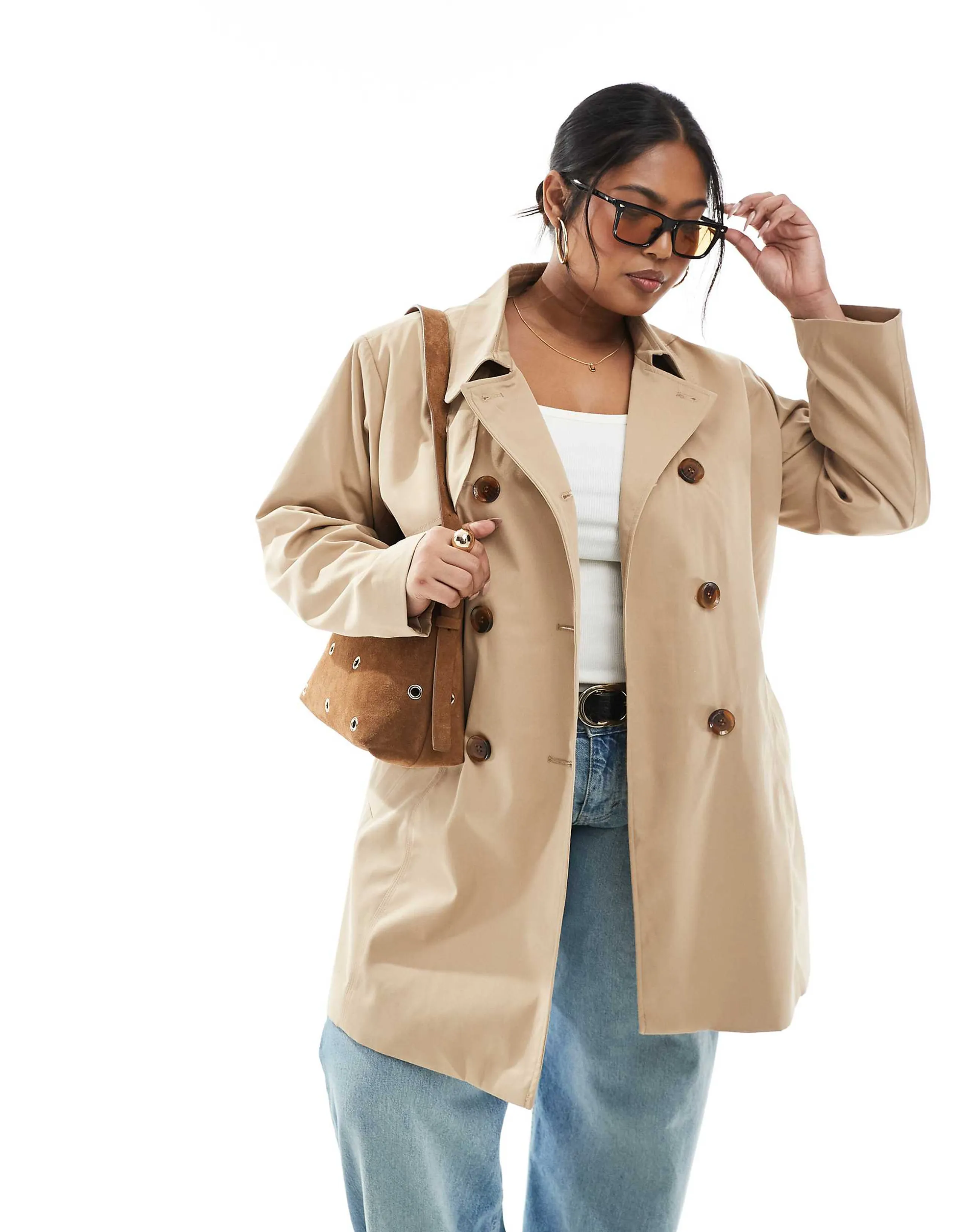 ONLY Curve belted short trench coat in beige