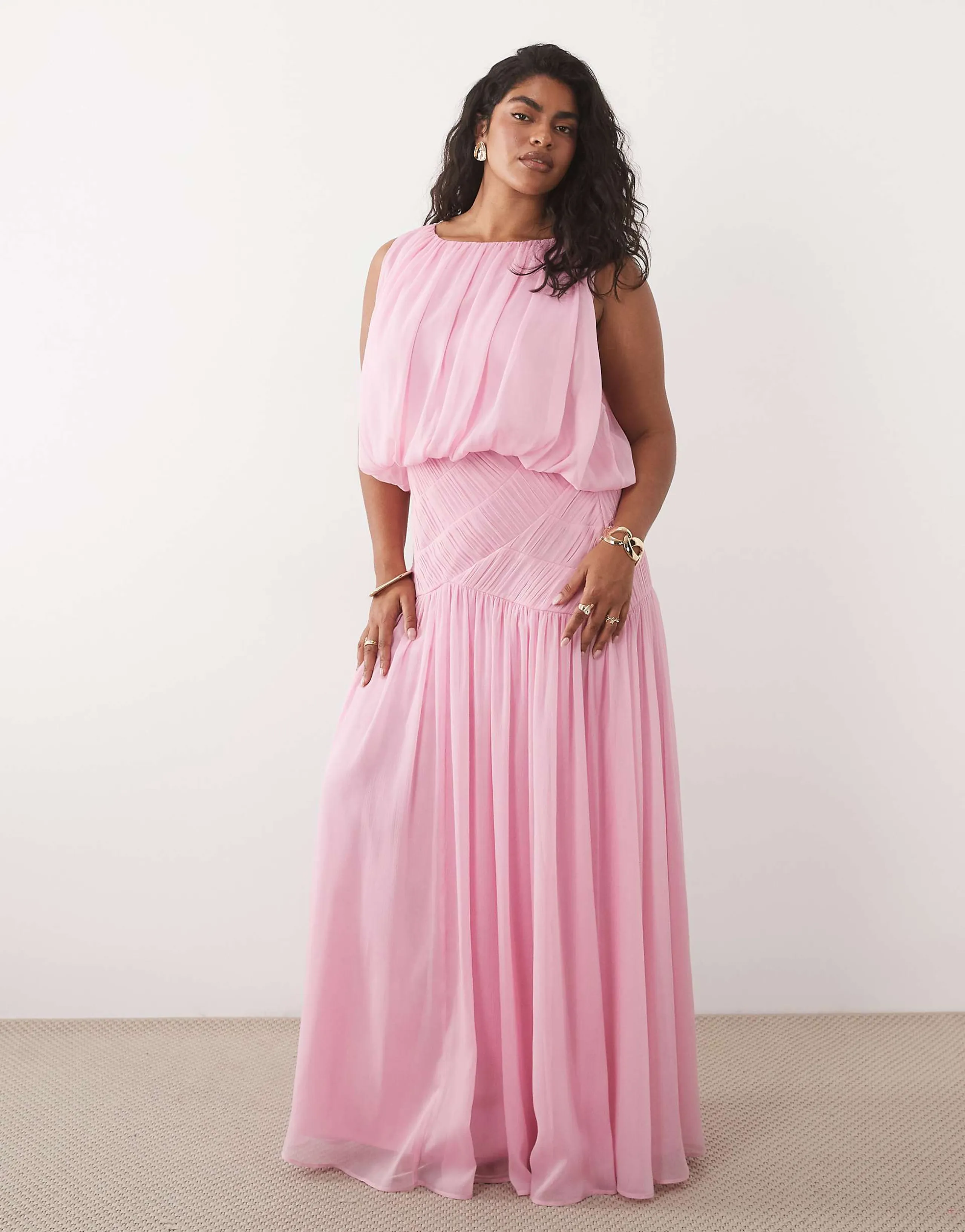 ASOS DESIGN Curve draped gauged ruched waist detail maxi dress in pink