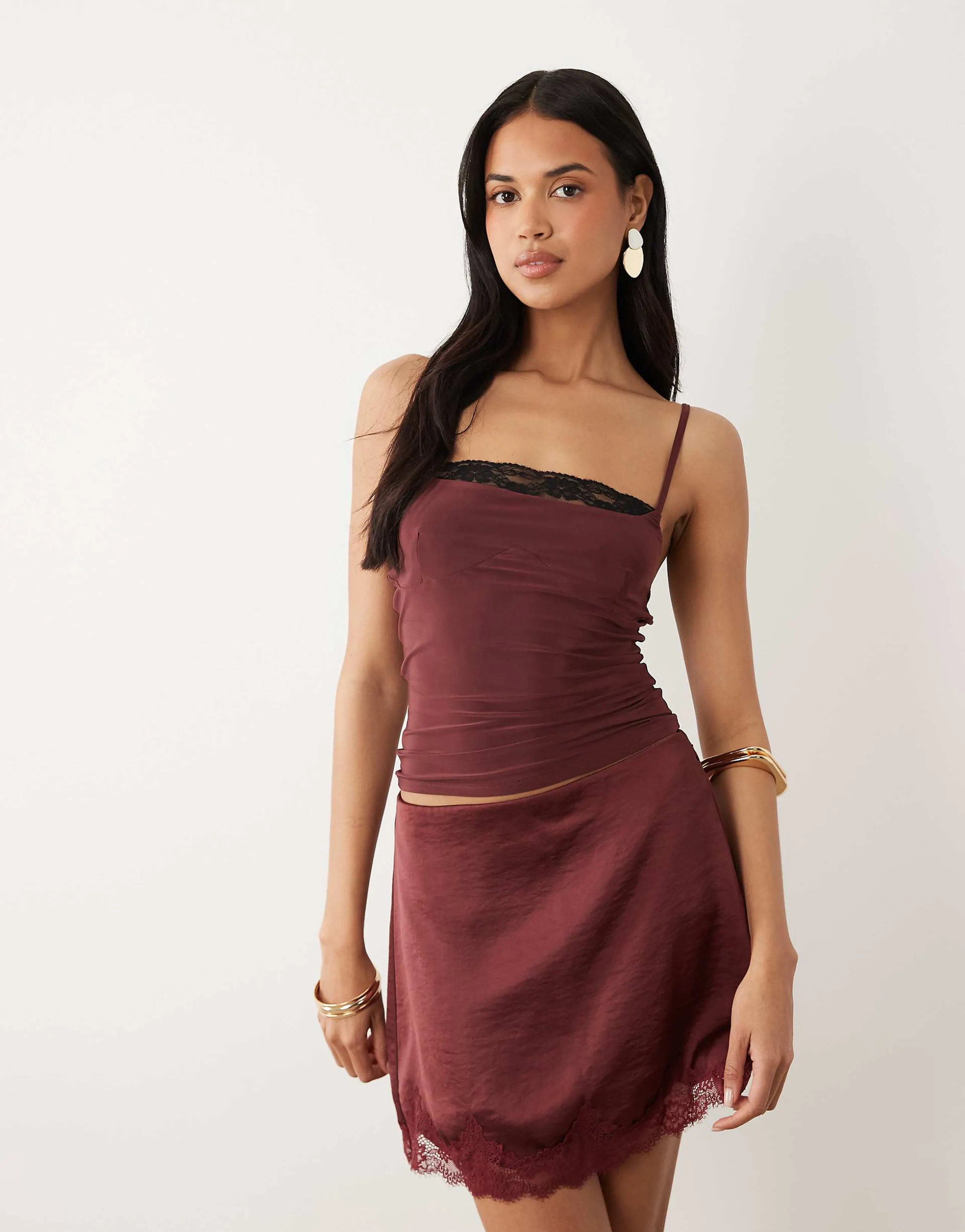 ASOS DESIGN slinky square neck skinny straps cami top with lace trim in fig