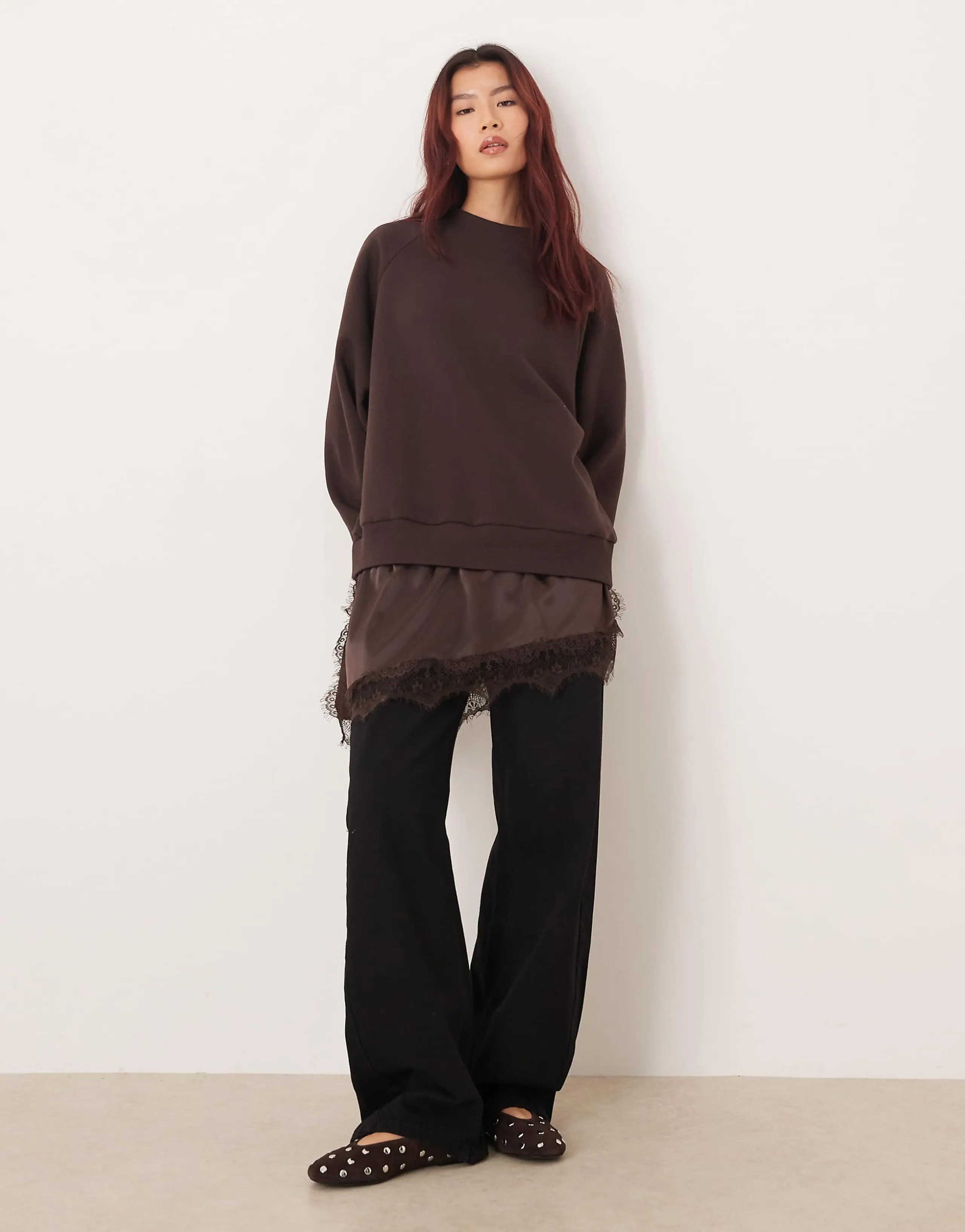 ASOS DESIGN oversized sweatshirt with peek-a-boo satin and lace mix cami in chocolate