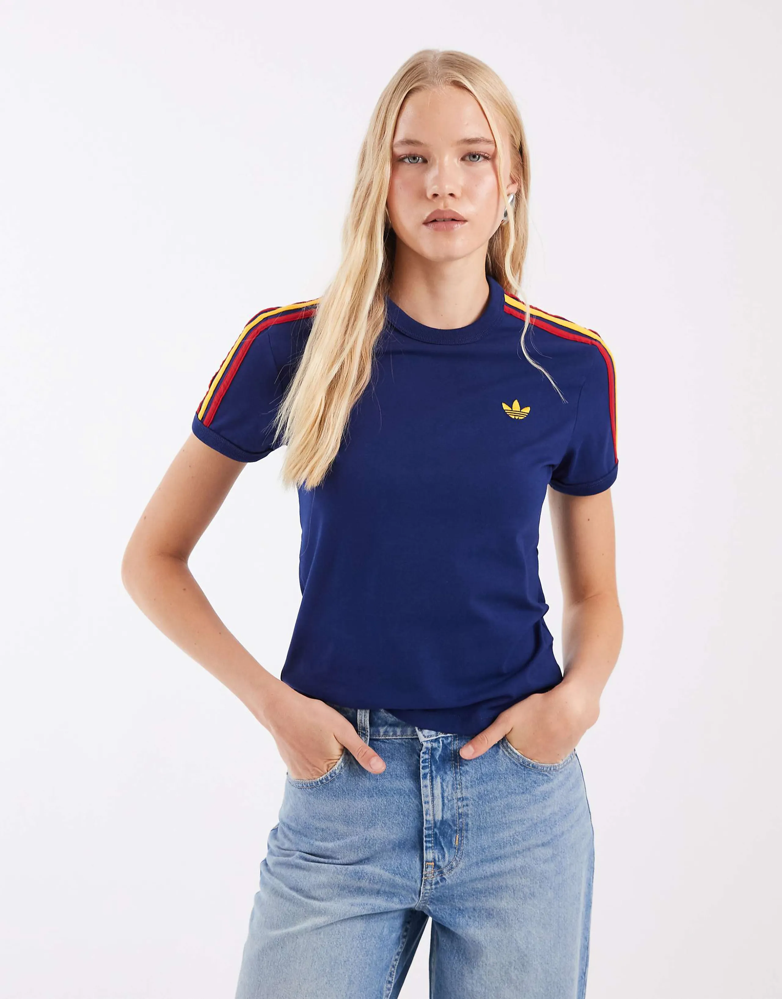 adidas Originals three stripe t-shirt in blue