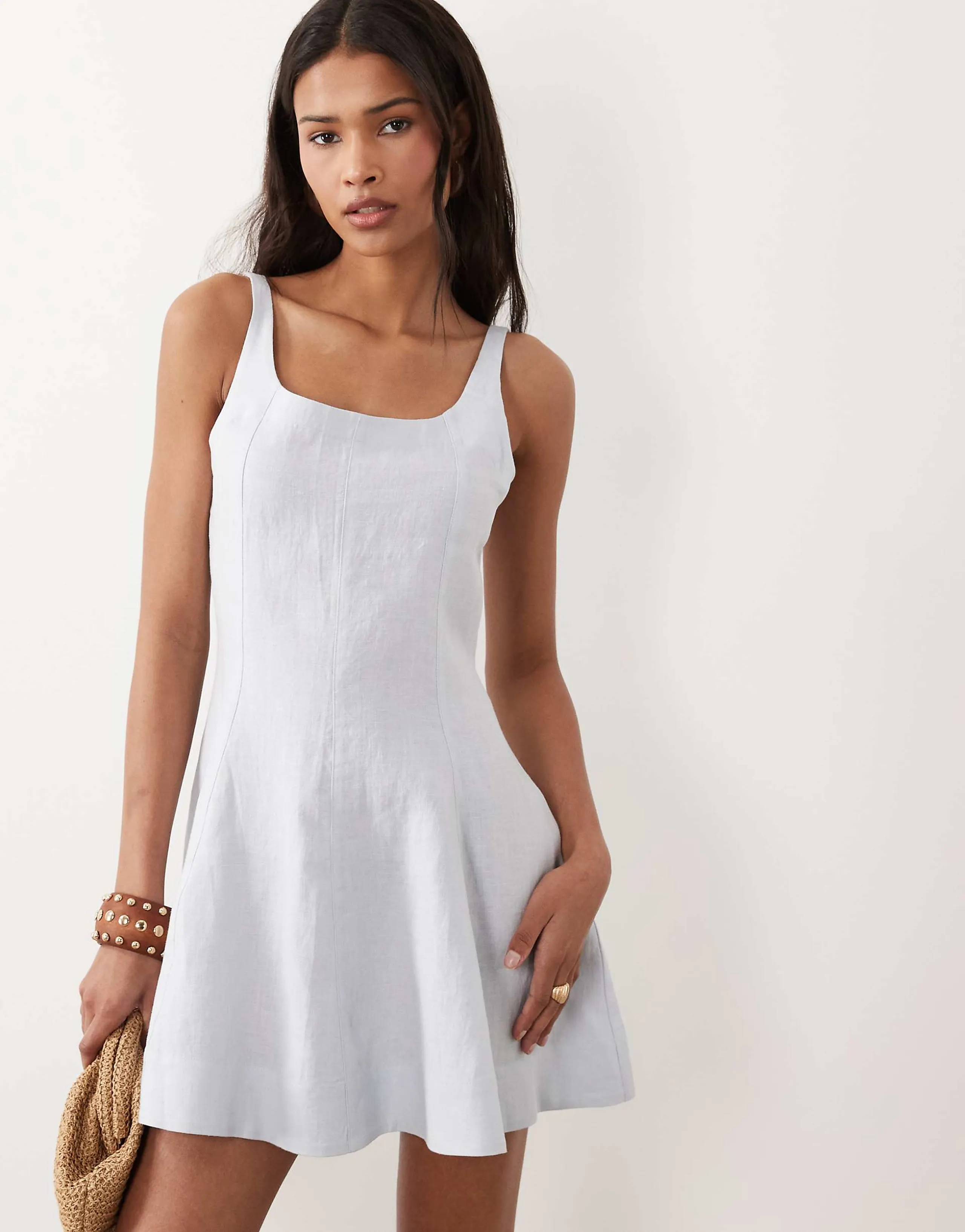 ASOS DESIGN premium 100% linen cami mini sundress in baby blue 