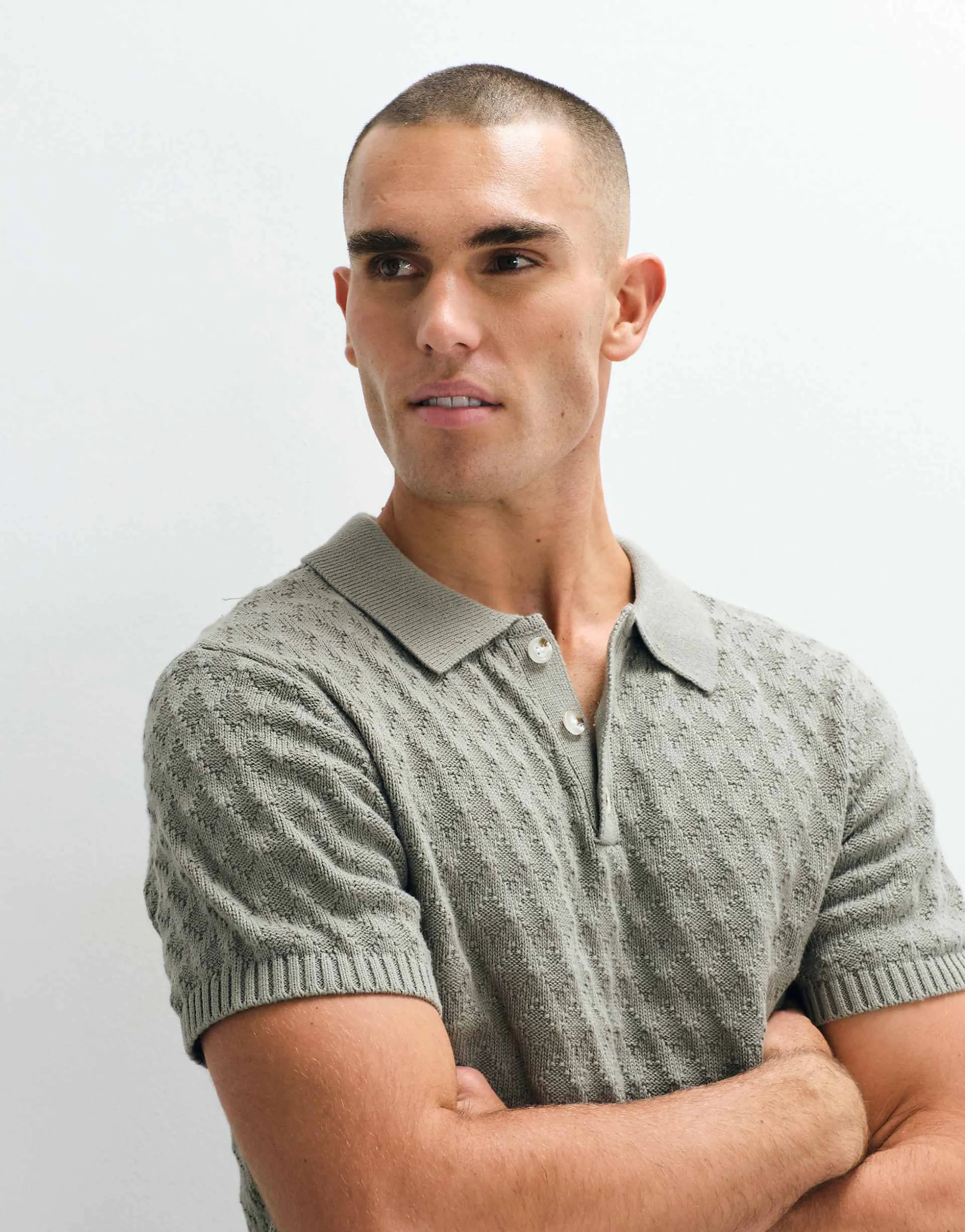 Belier short sleeve diamond stitch knit polo in sage green