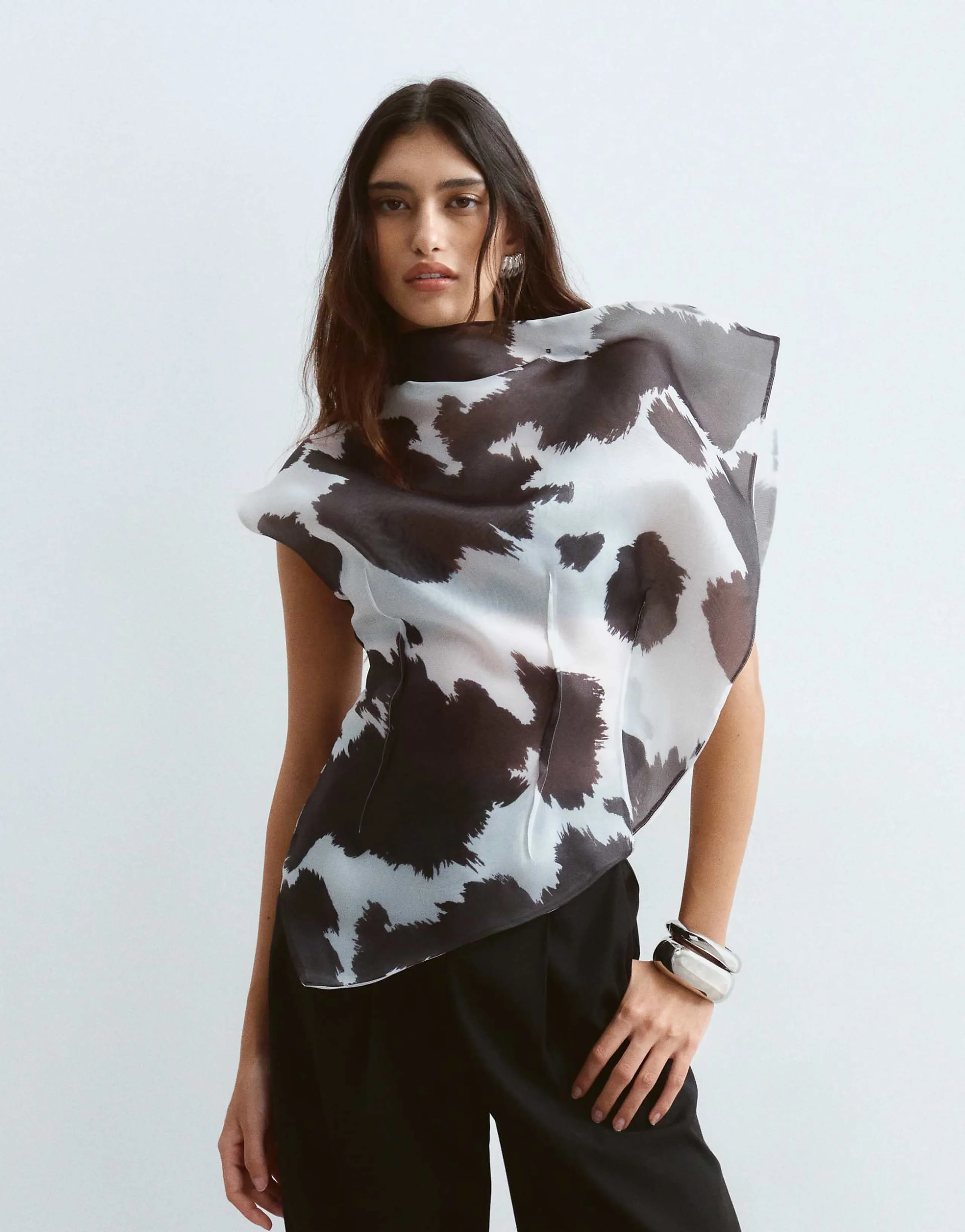 ARRANGE asymmetric organza top with dart detail in cow print