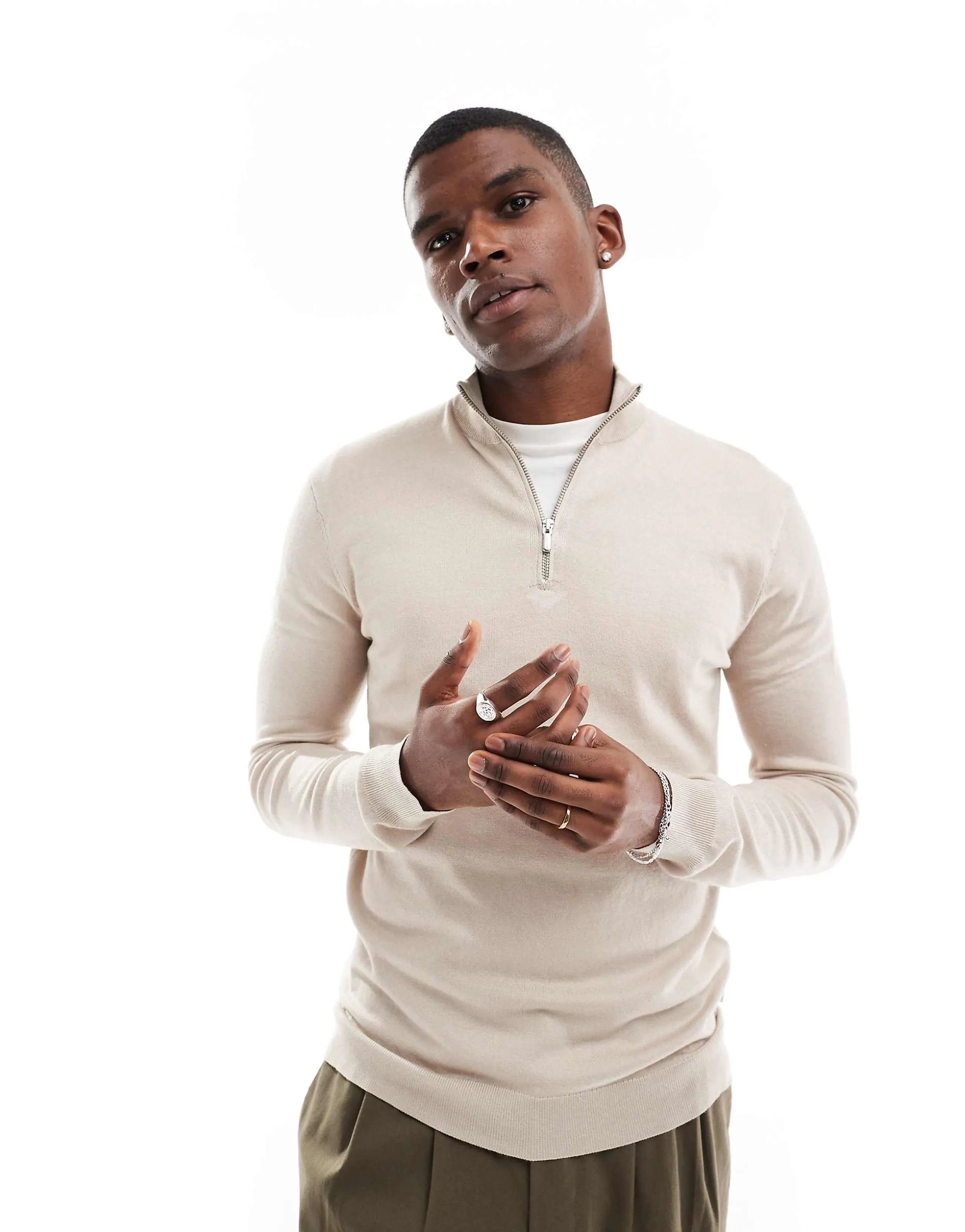 ONLY & SONS 1/4 zip sweater in stone