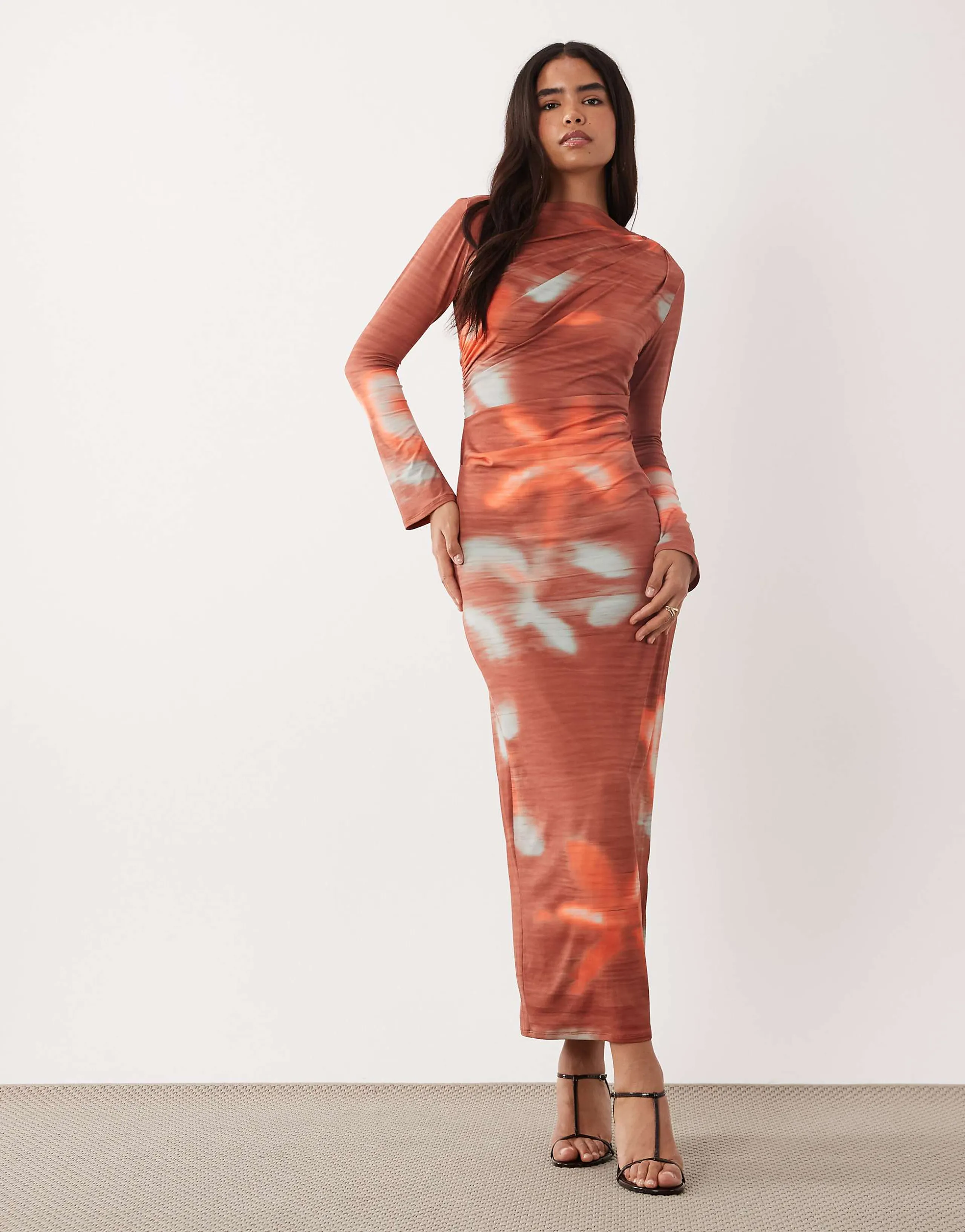 ASOS DESIGN asymmetric drape slash neck maxi dress in blurred print