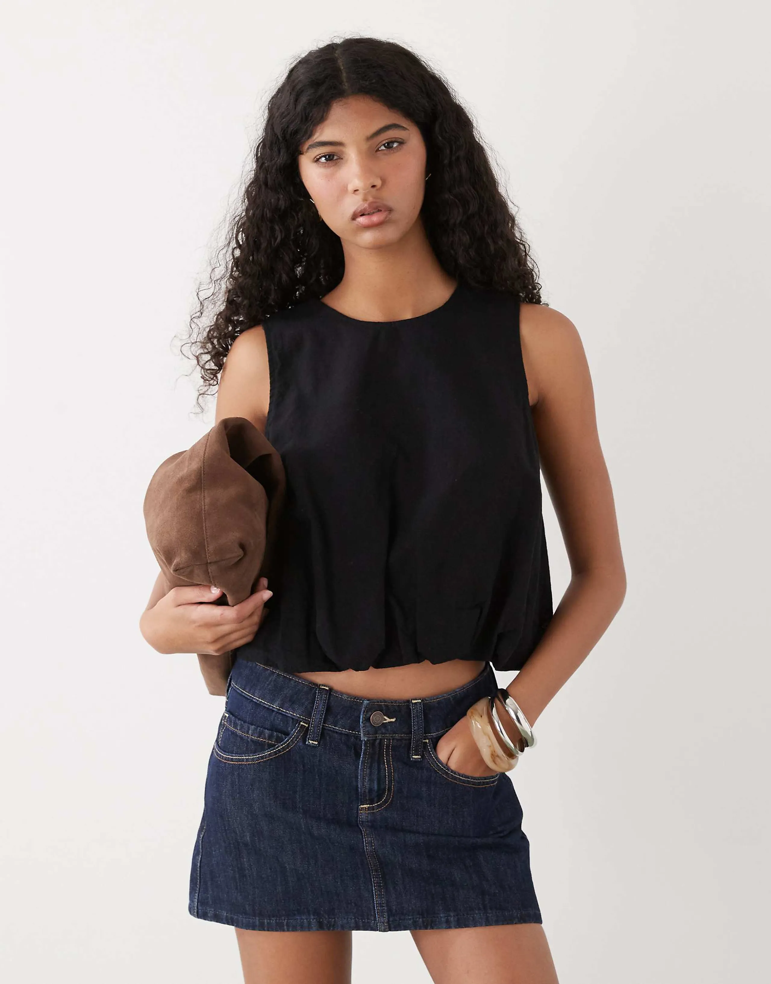Monki linen blend bubble top in black