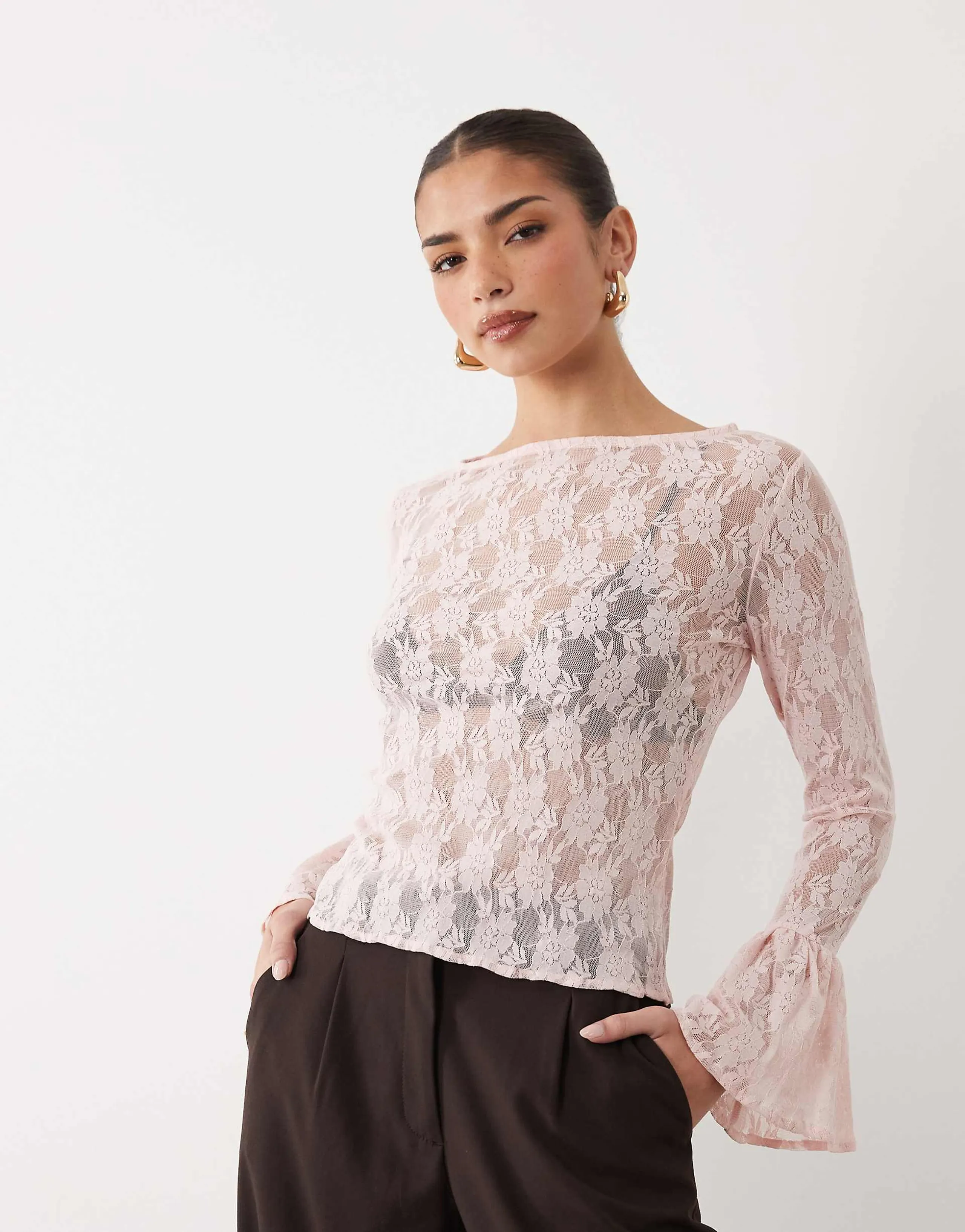 ASOS DESIGN sheer lace fluted cuff top in pale pink