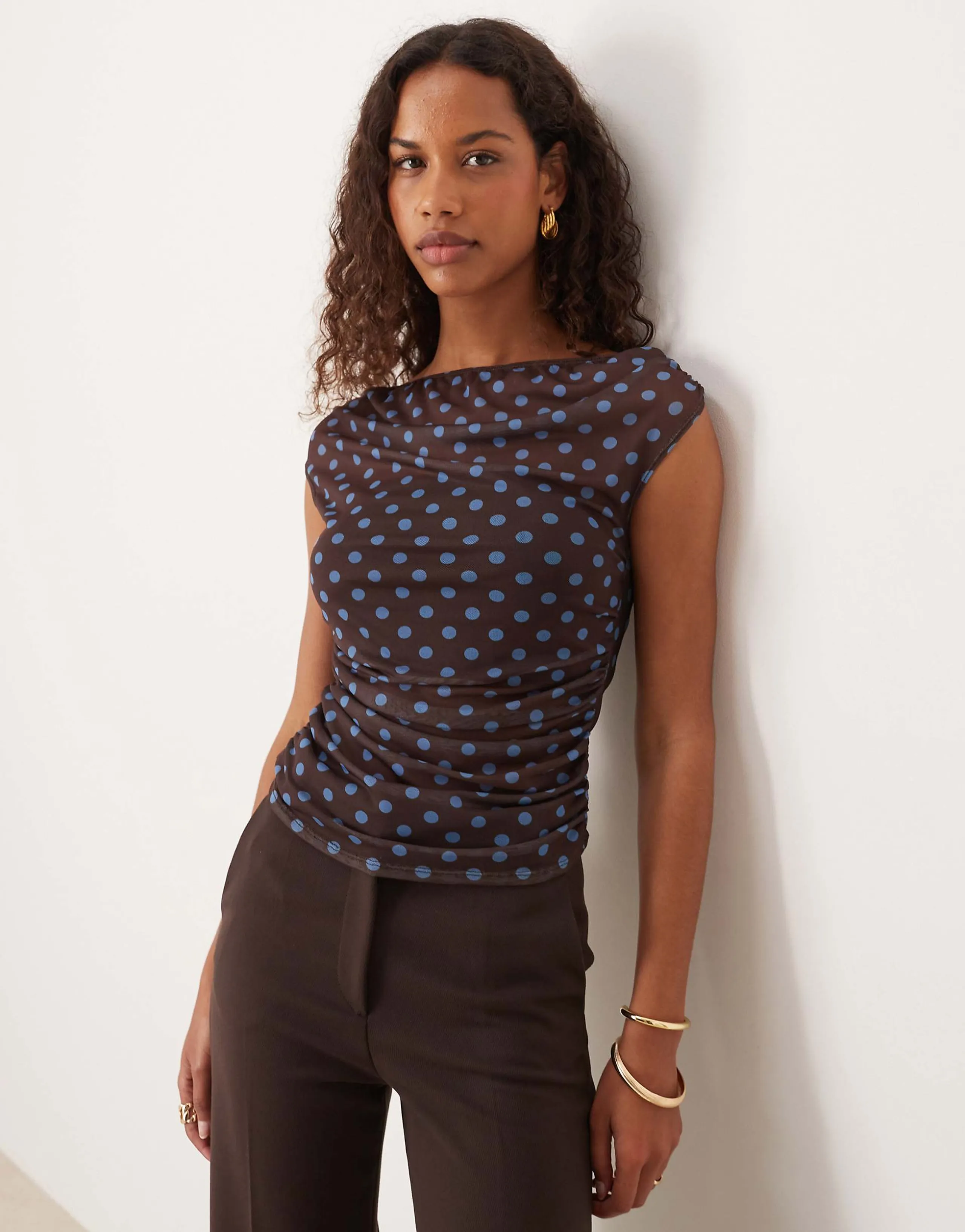 ASOS DESIGN gathered short sleeve off shoulder mesh top in brown polka dot