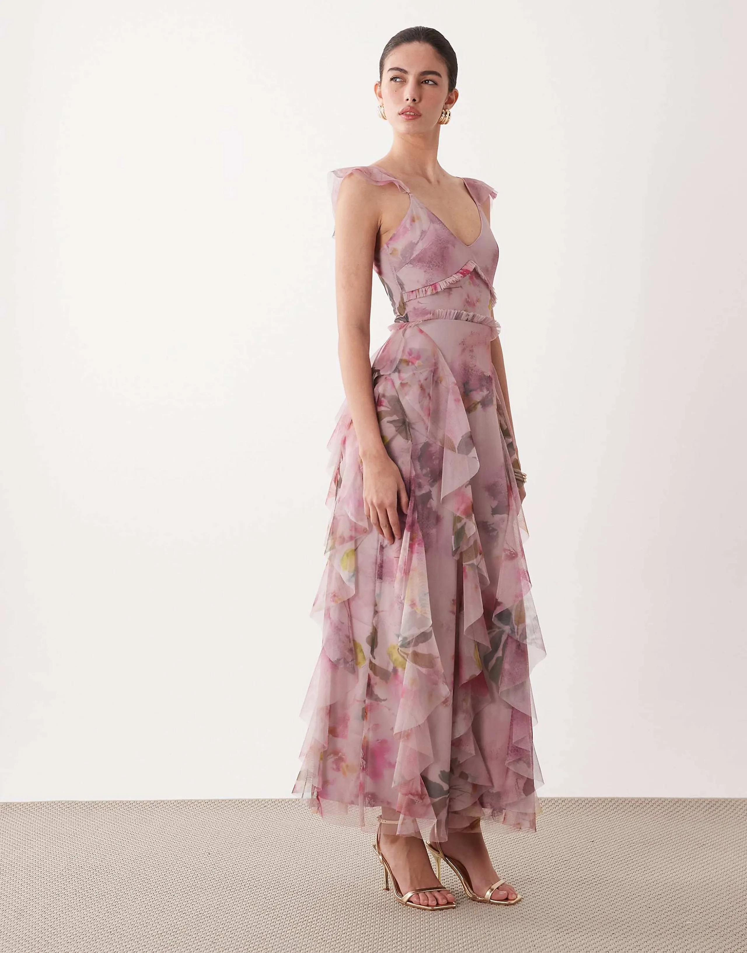 Lace & Beads ruffled tulle maxi dress in pink abstract floral print