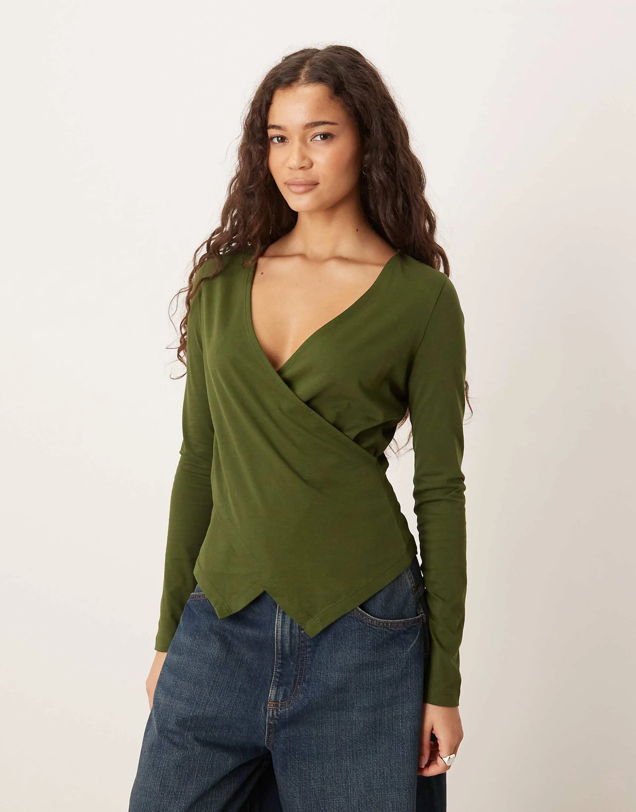 ASOS DESIGN Circular Design Collection asymmetric neck long  sleeve tee in khaki green