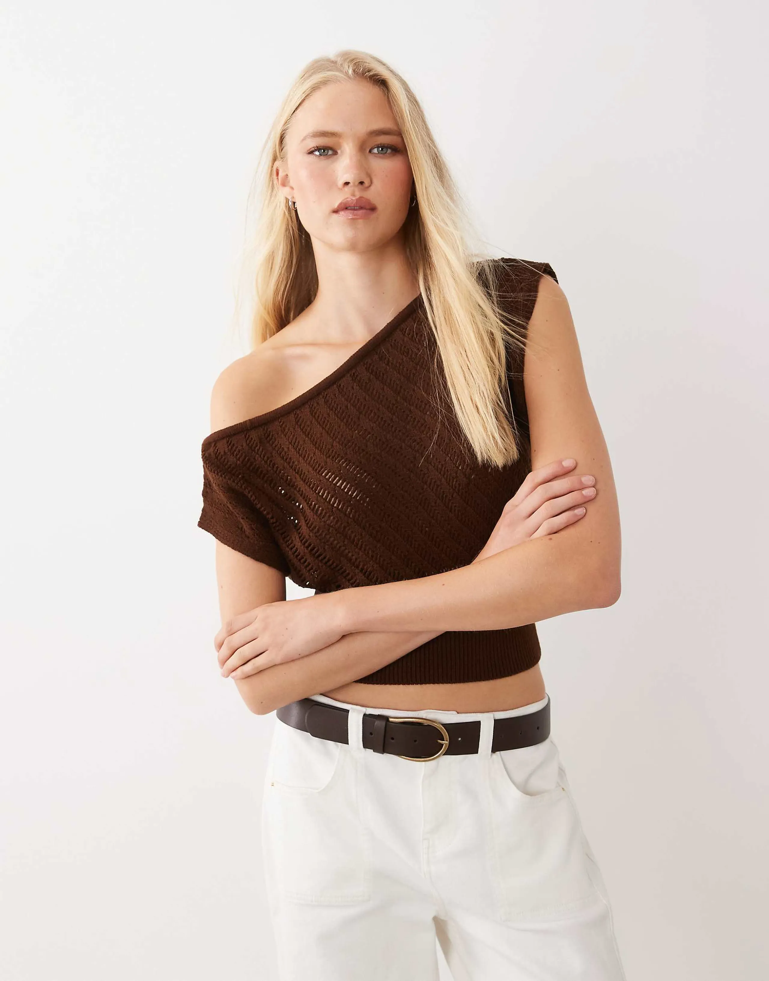 Miss Selfridge knit off the shoulder top in chocolate