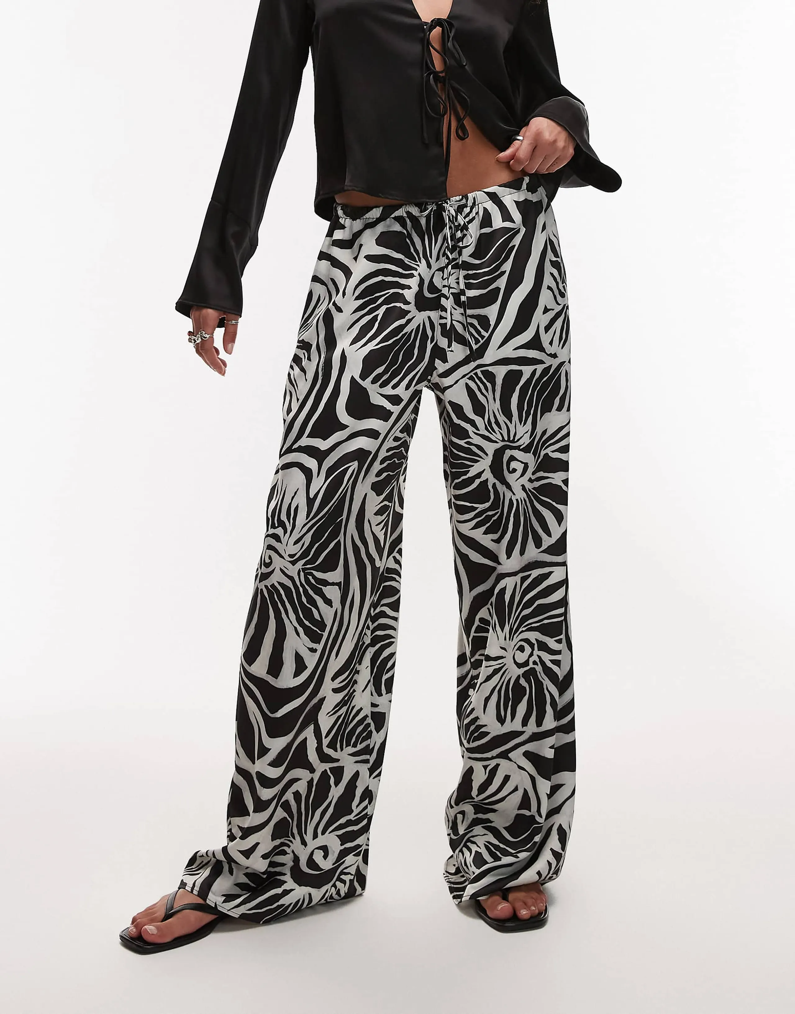 Topshop abstract shell print satin drawstring pants in black and white