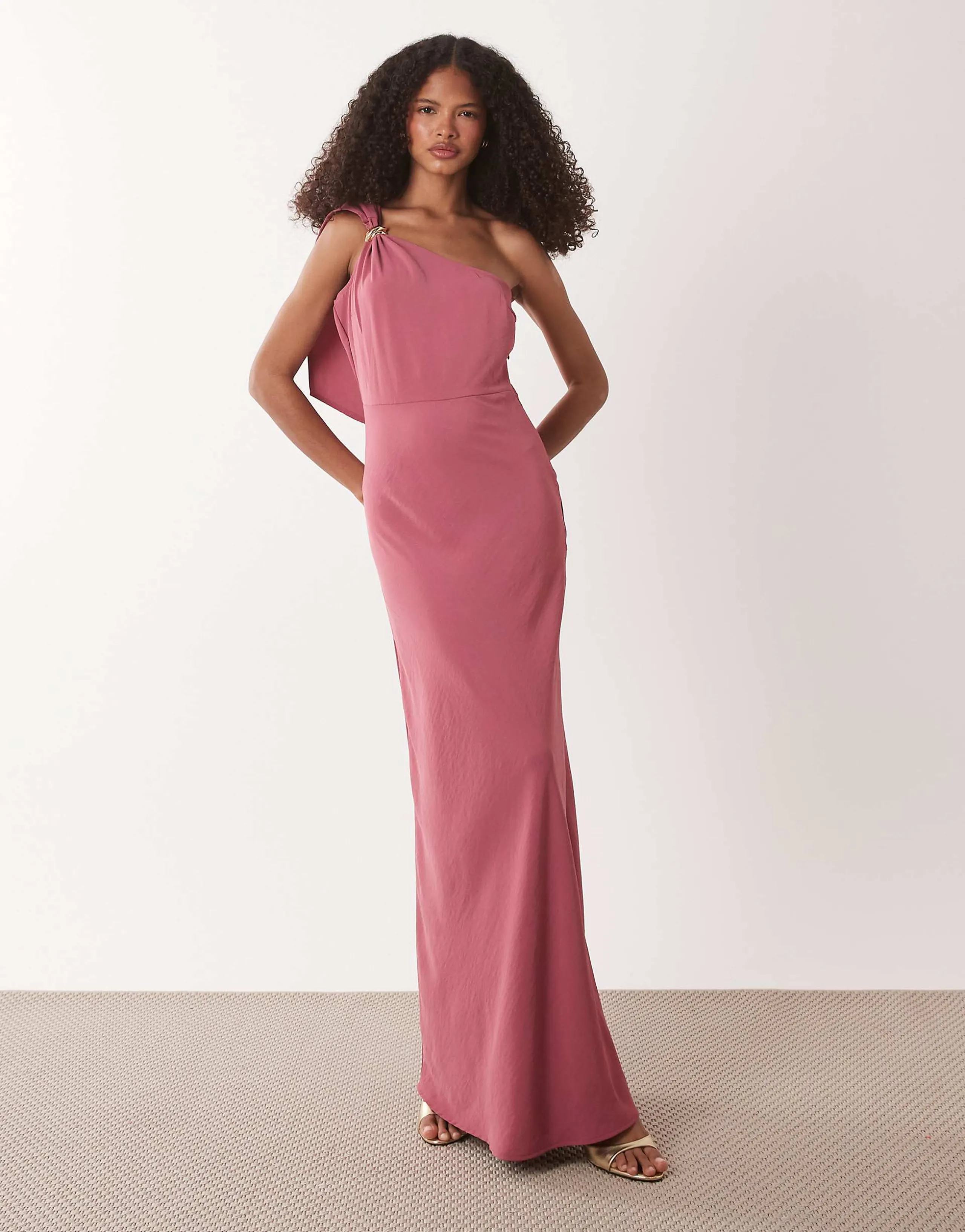 JDY one shoulder maxi dress with gold trim in dusty pink