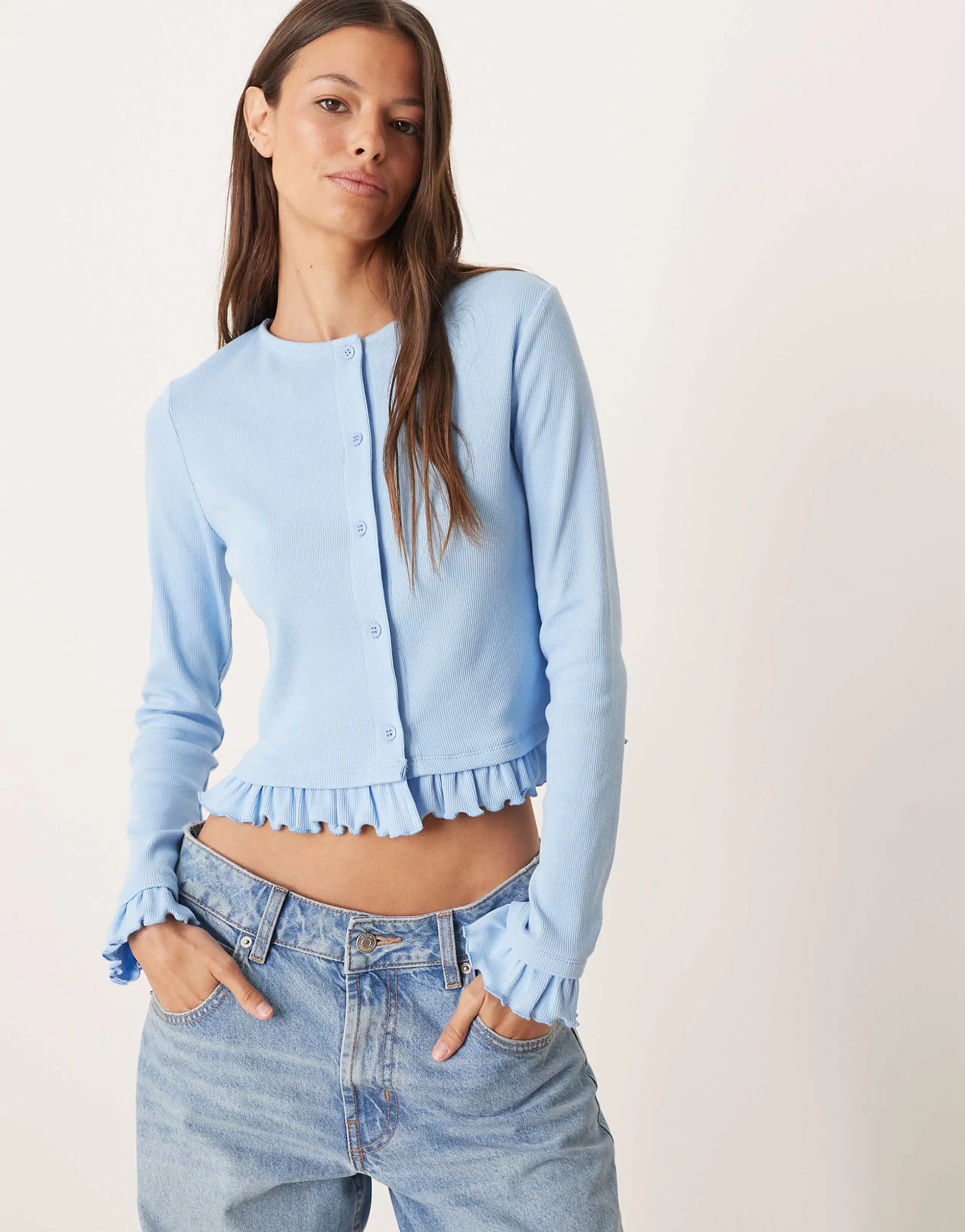 ASOS DESIGN mini ribbed frill hem button up top in blue