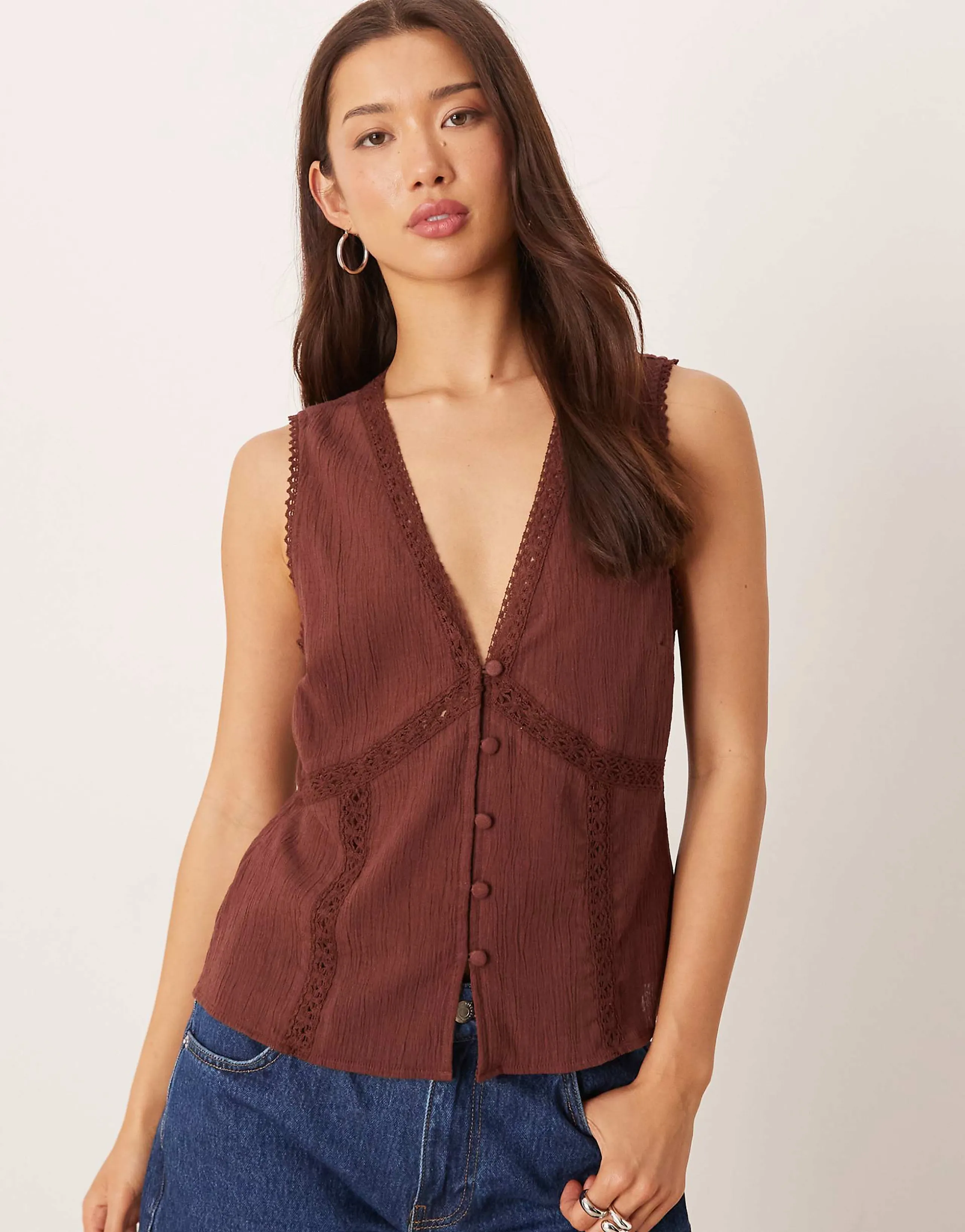 ASOS DESIGN lace trim vest in brown