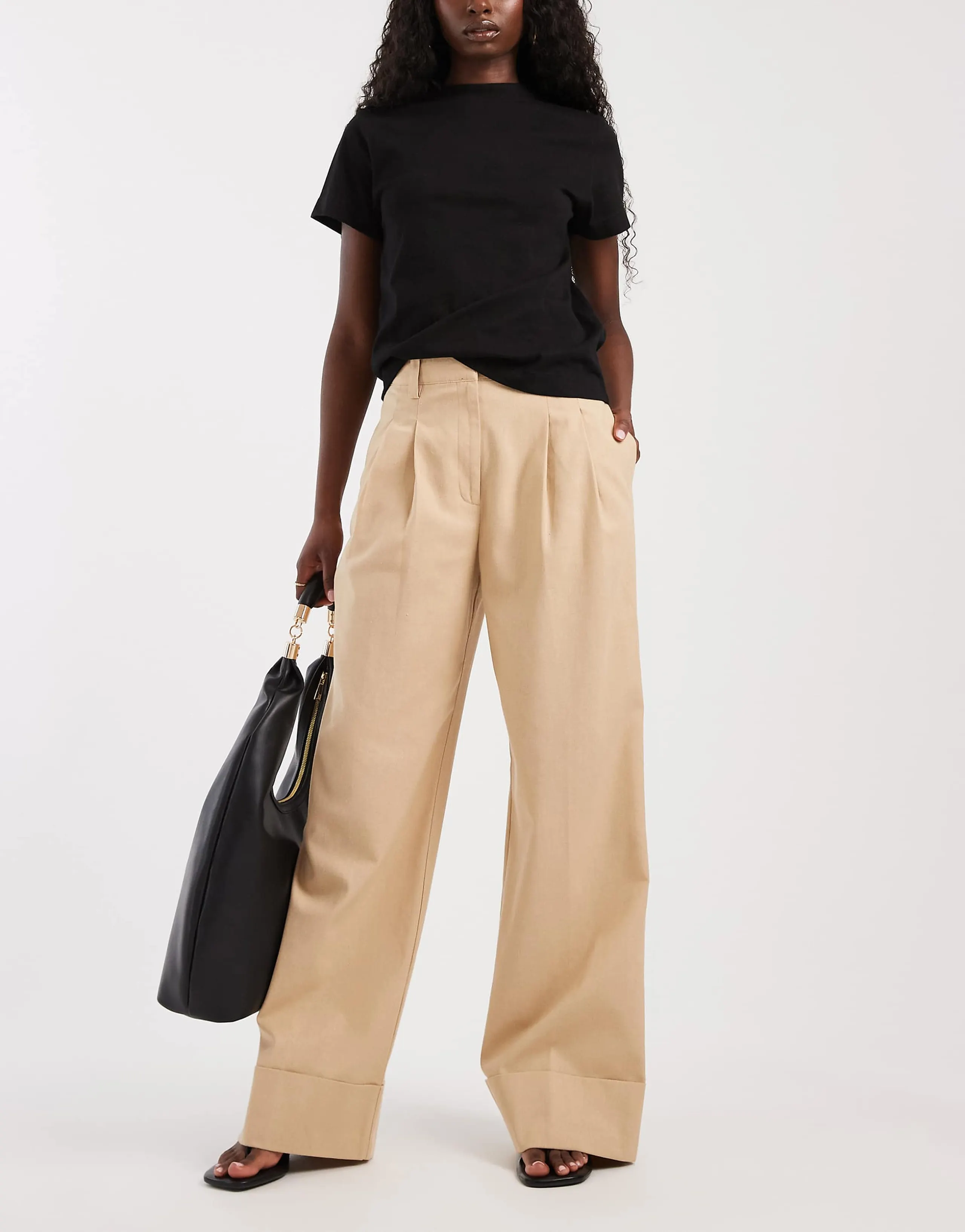 ASOS DESIGN tailored wide leg turn-up pants with linen in beige