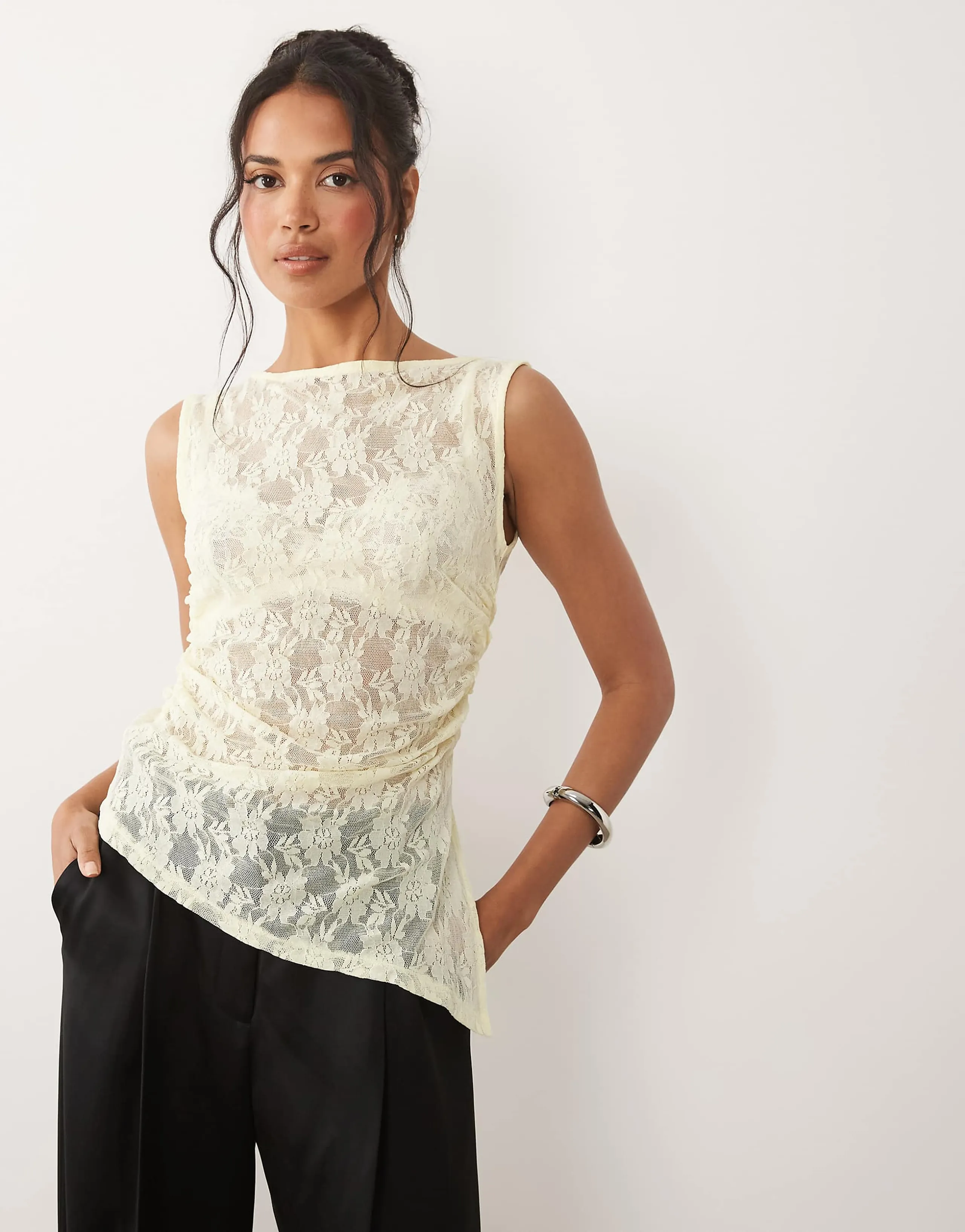 ASOS DESIGN sleeveless gathered side lace asymmetric detail top in yellow
