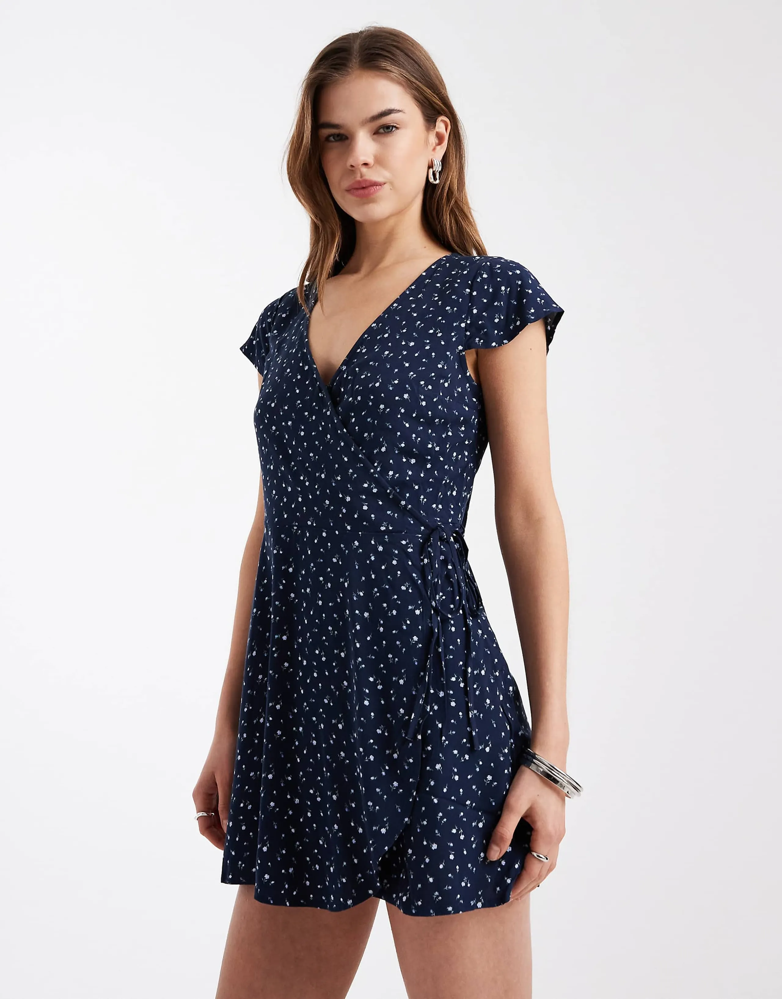 Hollister short sleeve wrap mini dress in navy