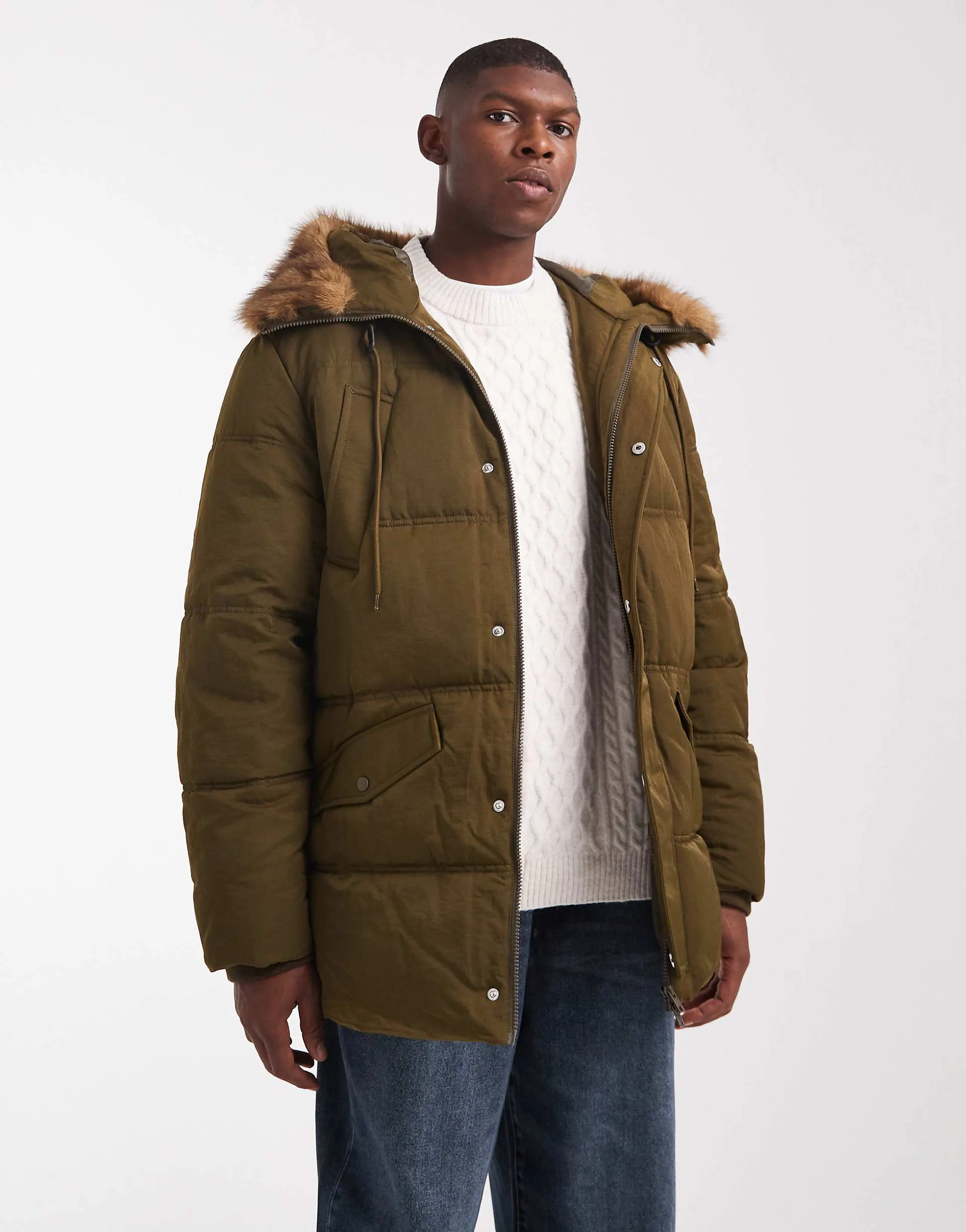 ASOS DESIGN puffer jacket with faux fur hood trim in dark green
