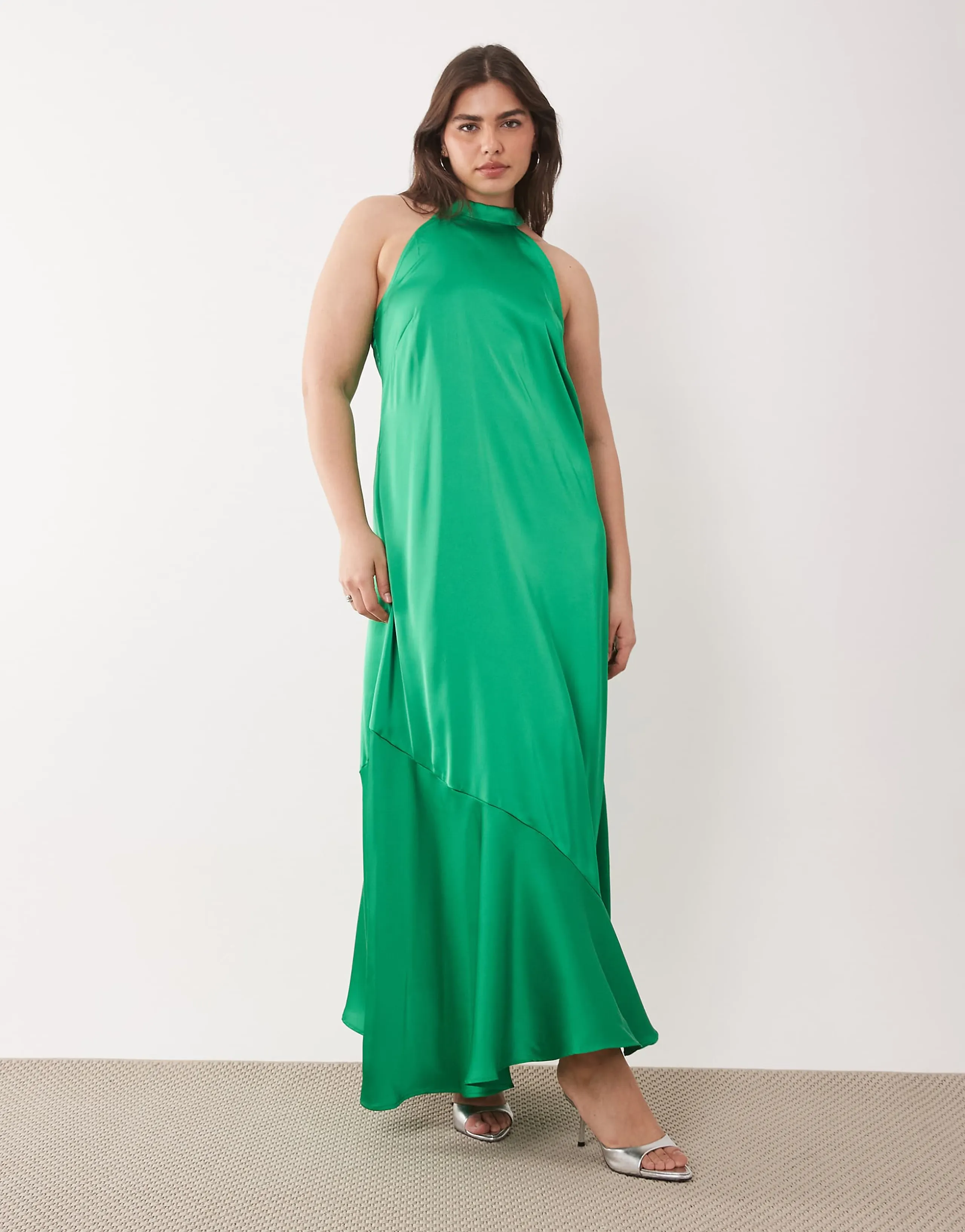 VILA Curve sleek satin halter neck maxi dress in bright green